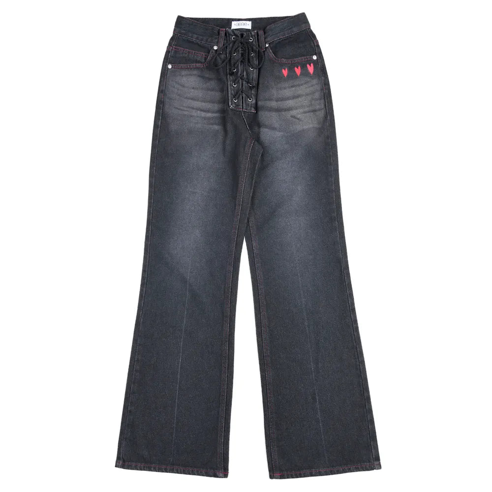 AEAE Heart Embroidery Jeans-(BLACK)