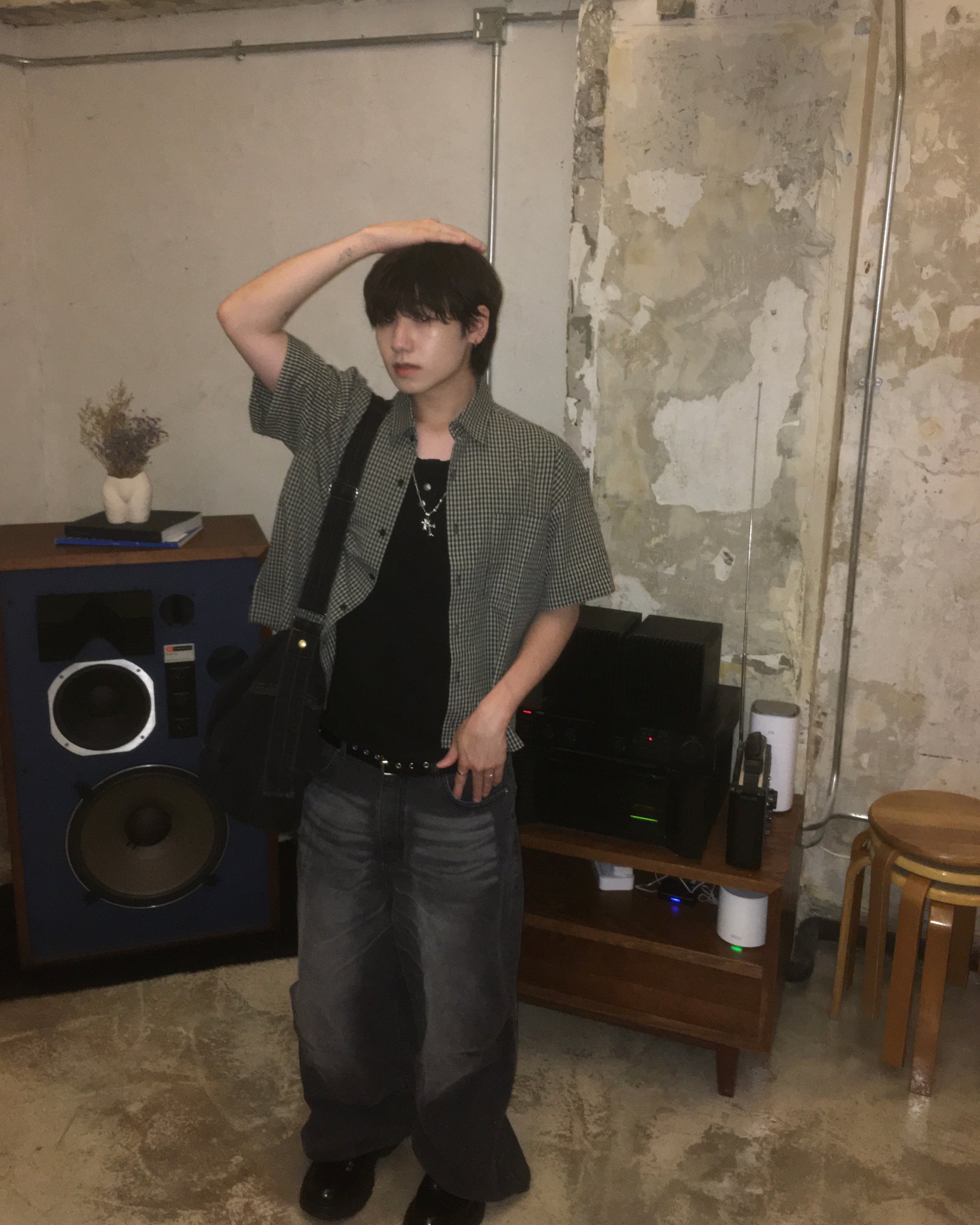 vintage crop checked shirt (black)
