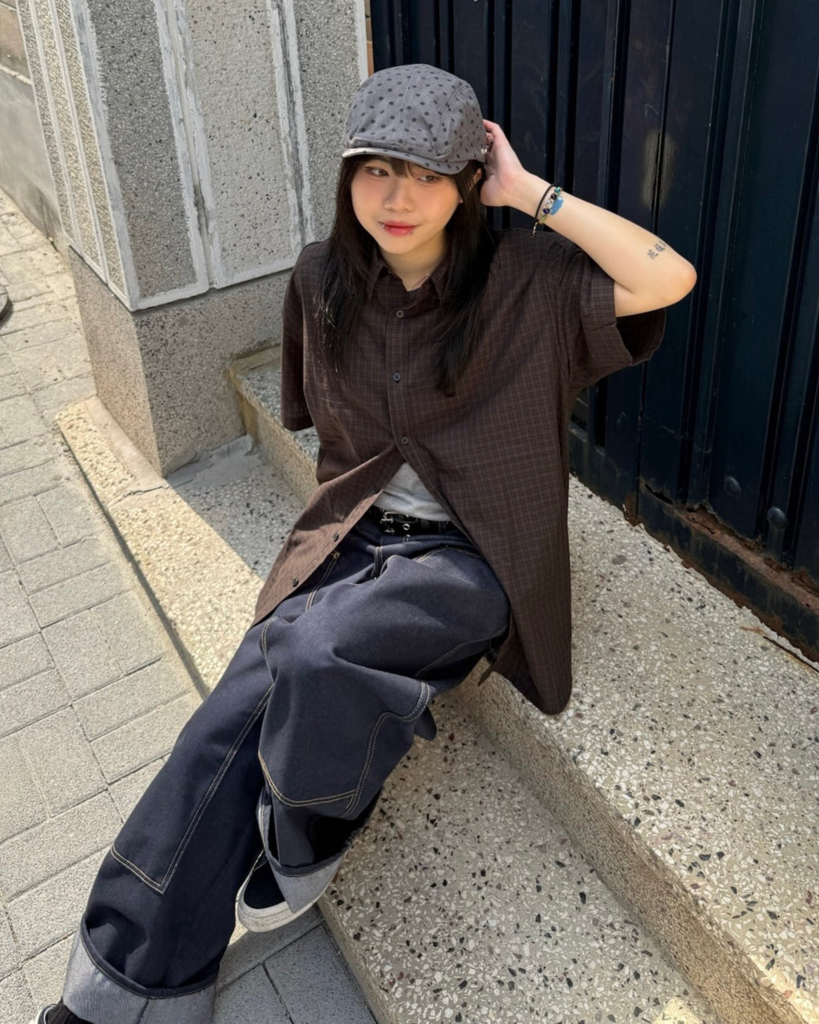 checked nylon shirt (black brown)
