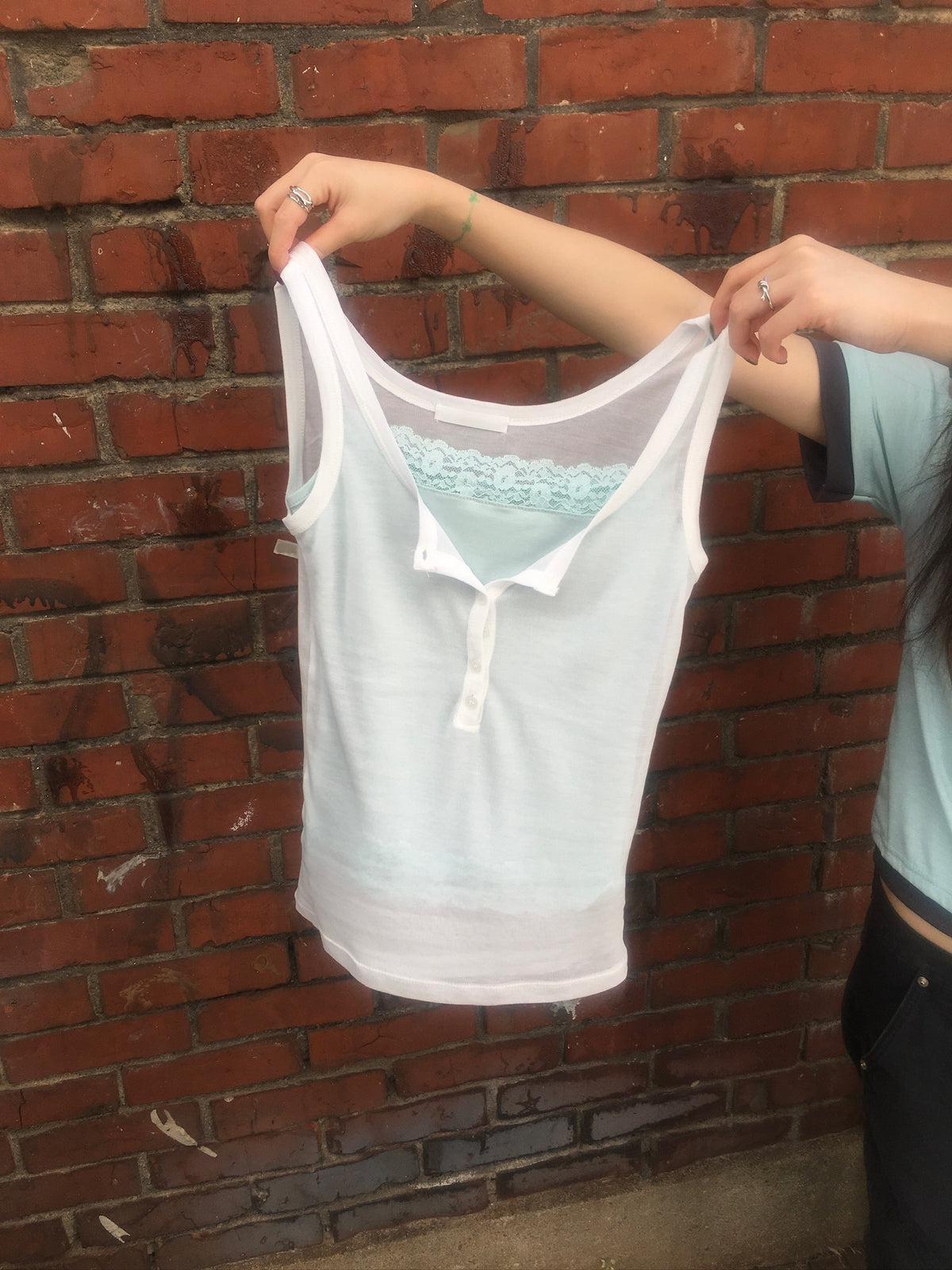 henley neck layer ruffle top (mint)