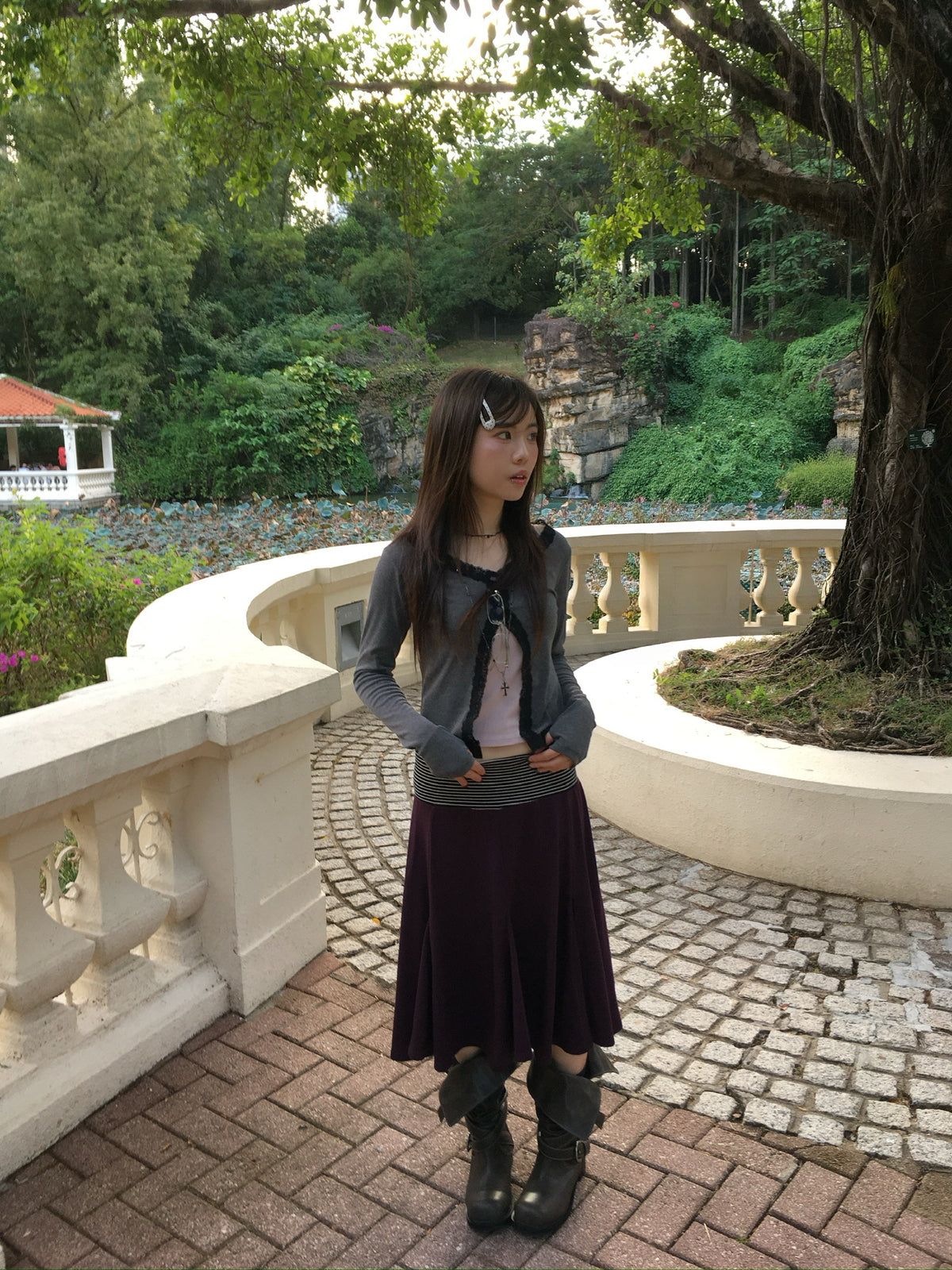 lace trim button cardigan (charcoal)