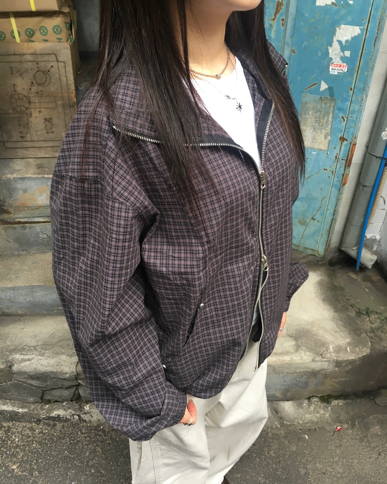 checked zipper jacket (black/navy)