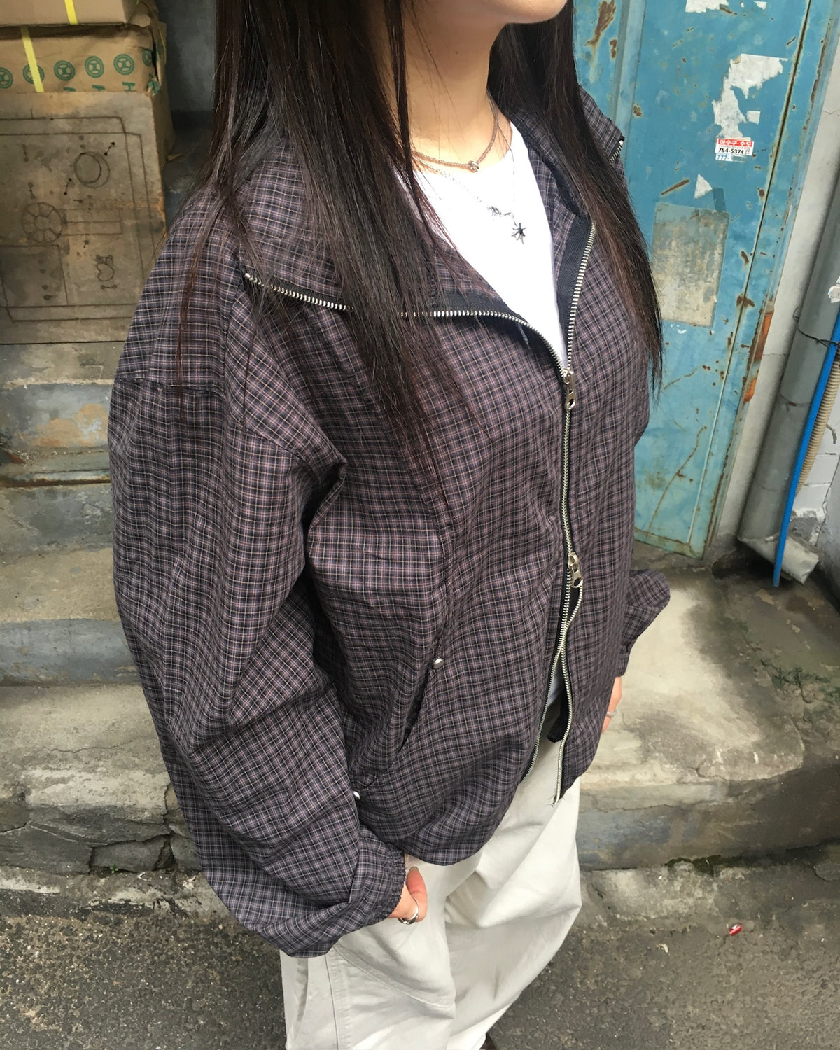 checked zipper jacket (black/navy)