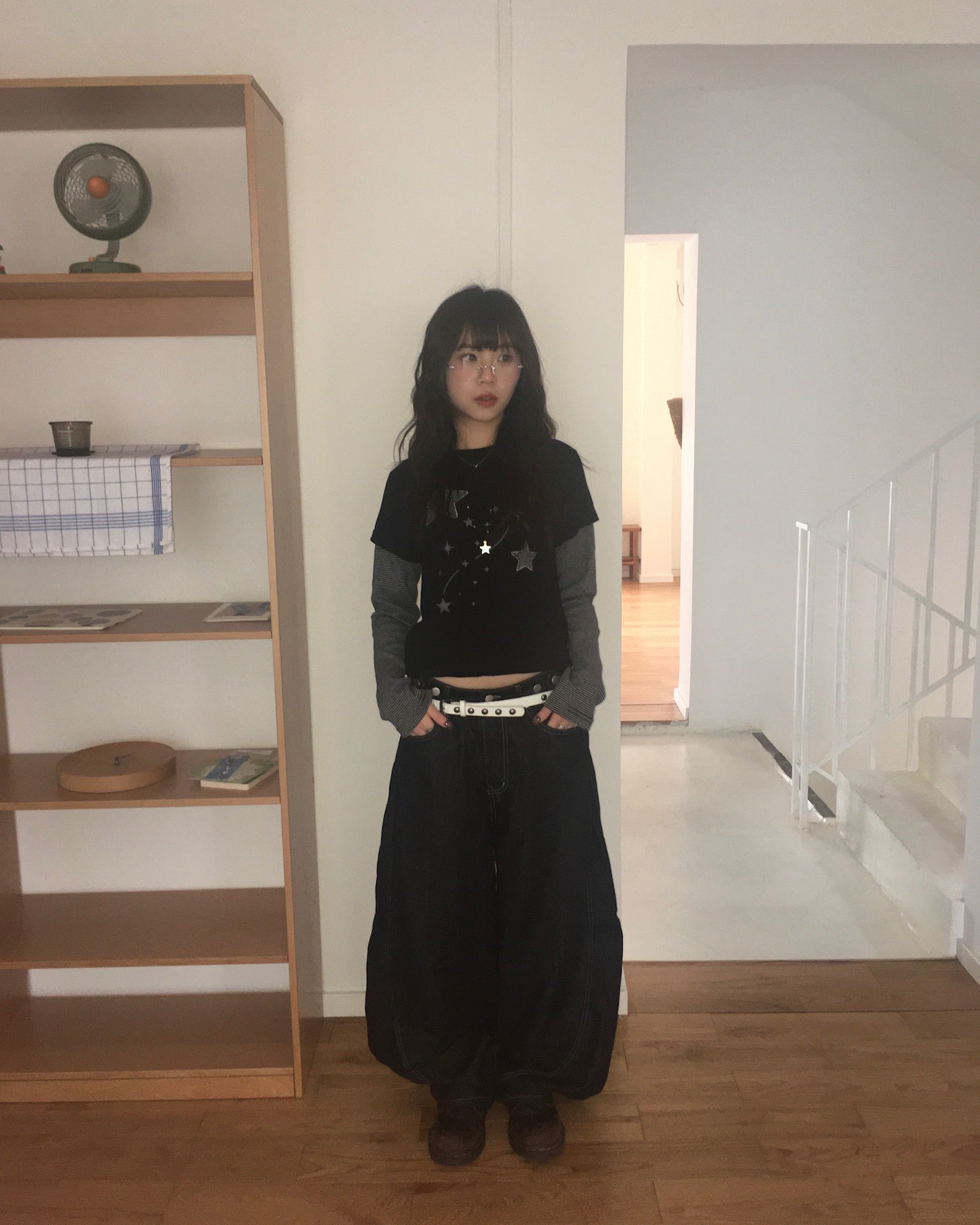 (★BEST) star stripe layered tee (black)