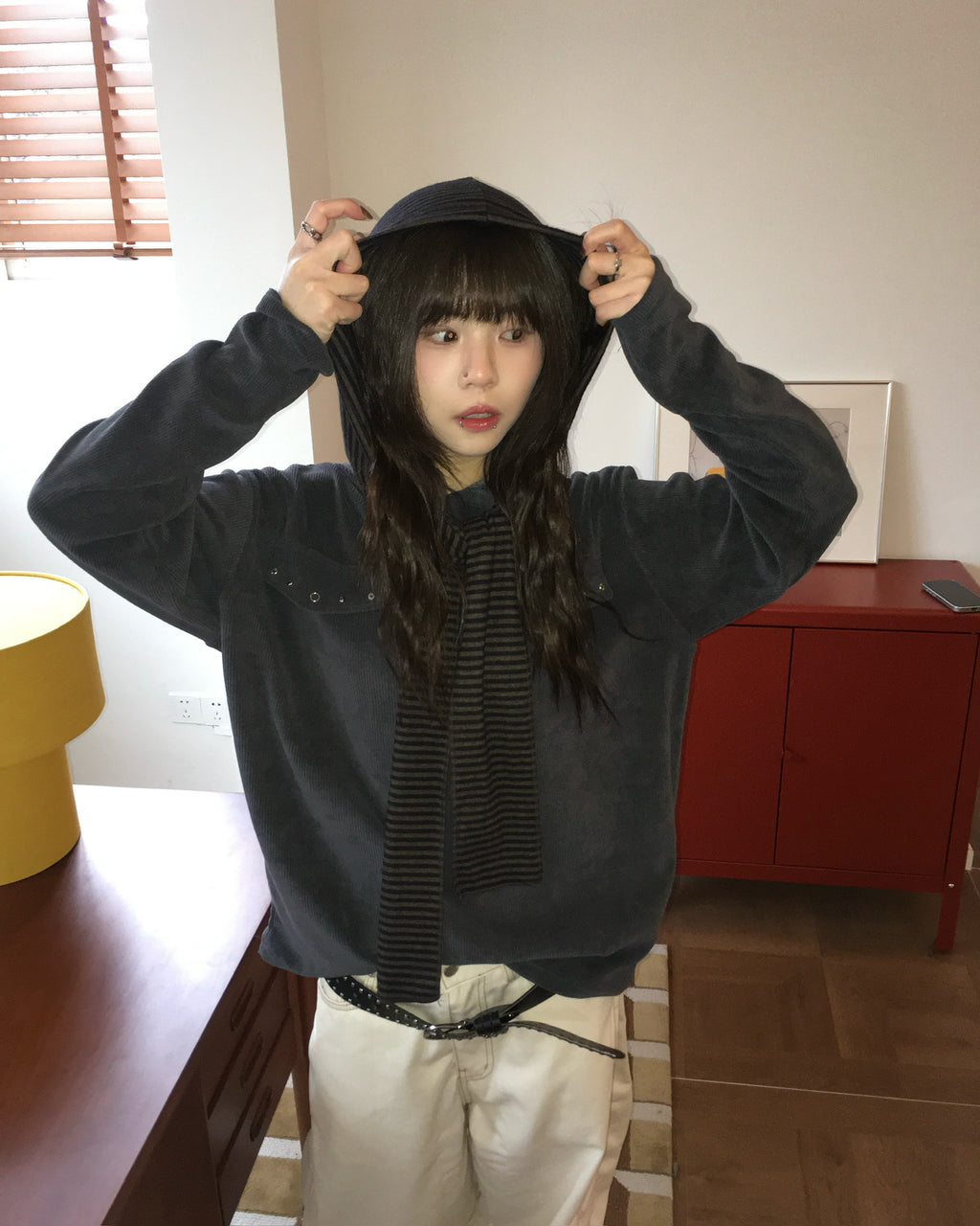 striped hooded scarf (brown)