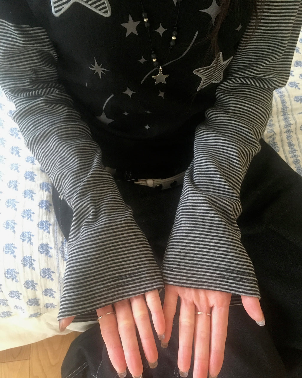 (★BEST) star stripe layered tee (black)