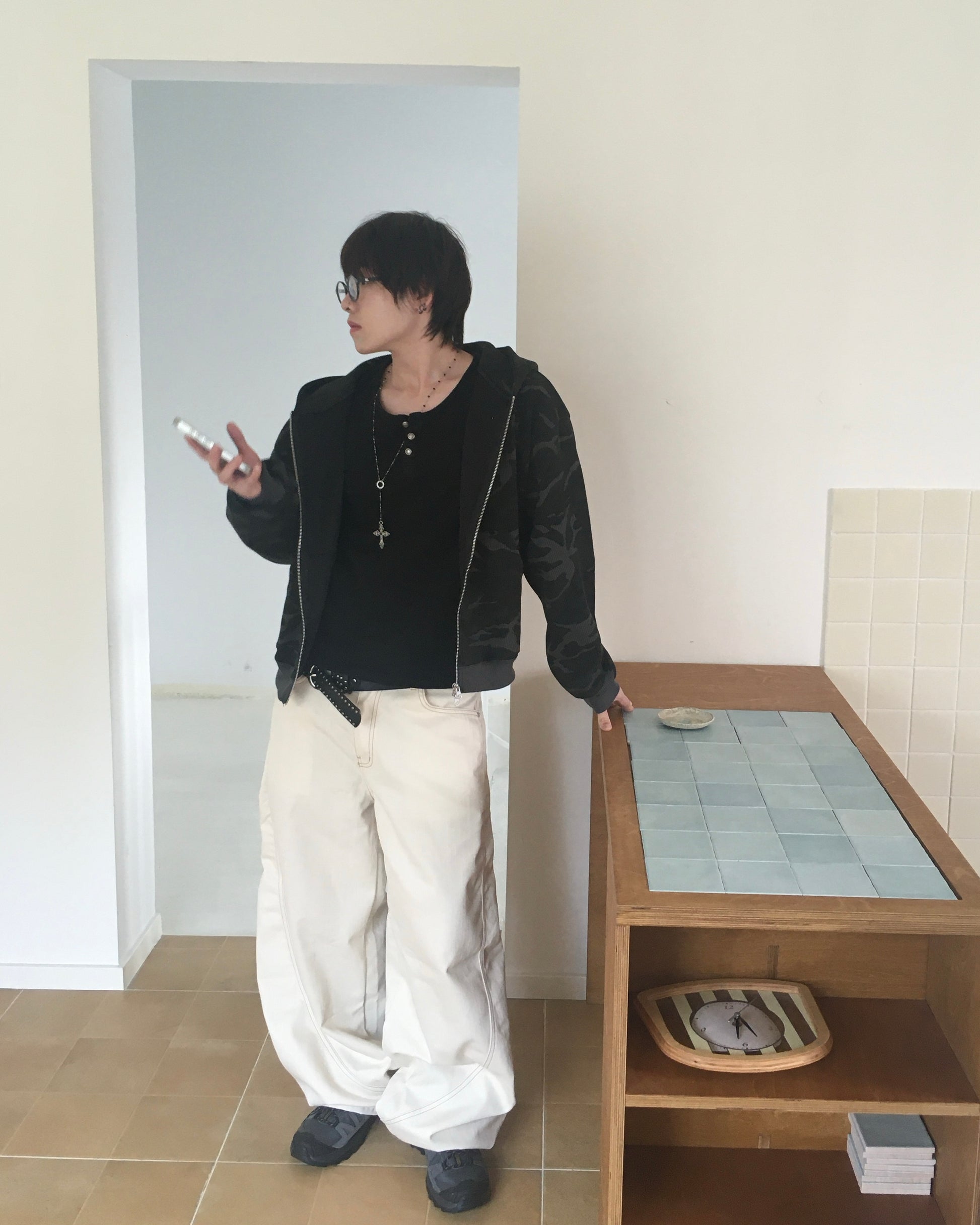 camo waffle zip-up hoodie (charcoal)