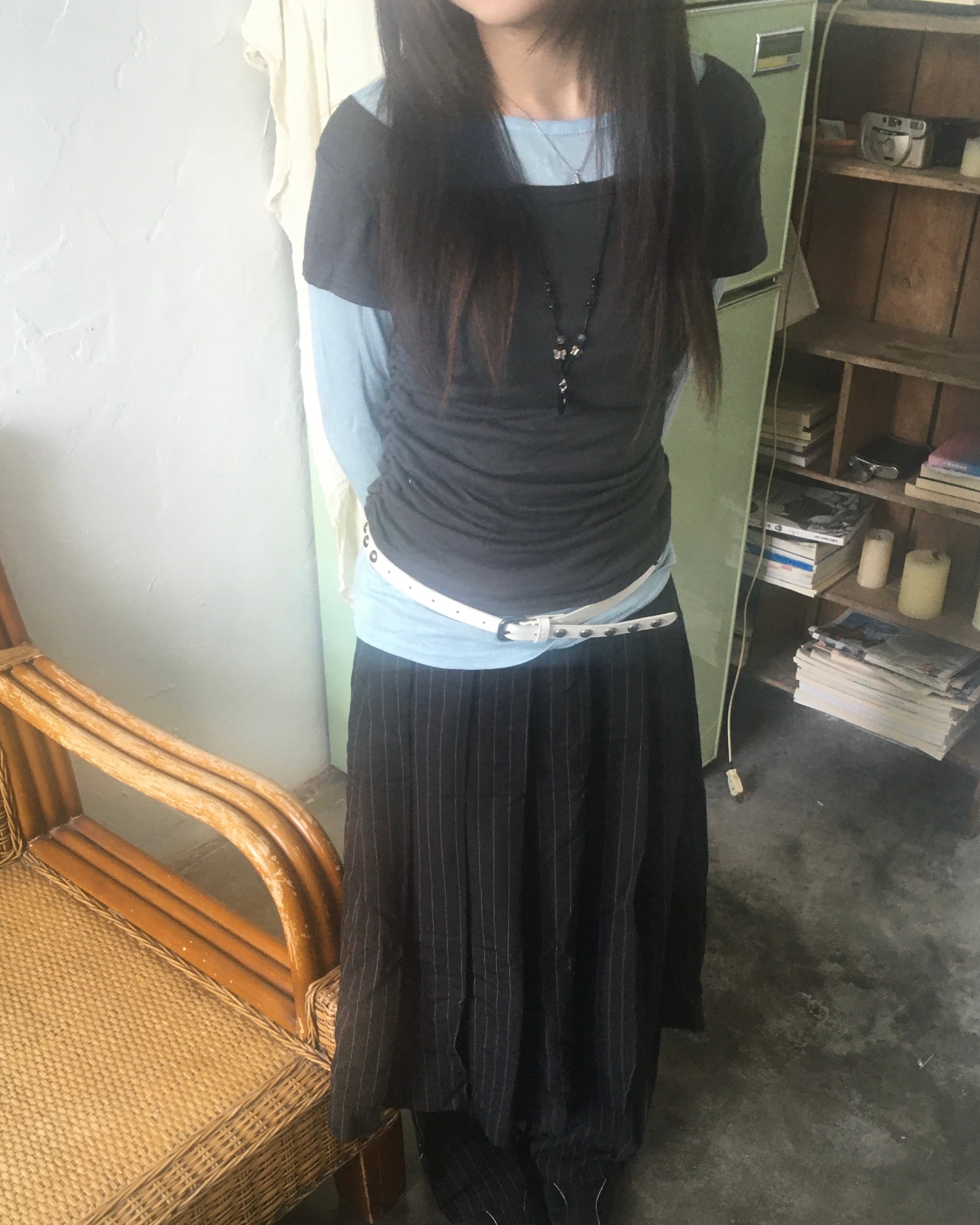 skirt stripe layered pants (black)
