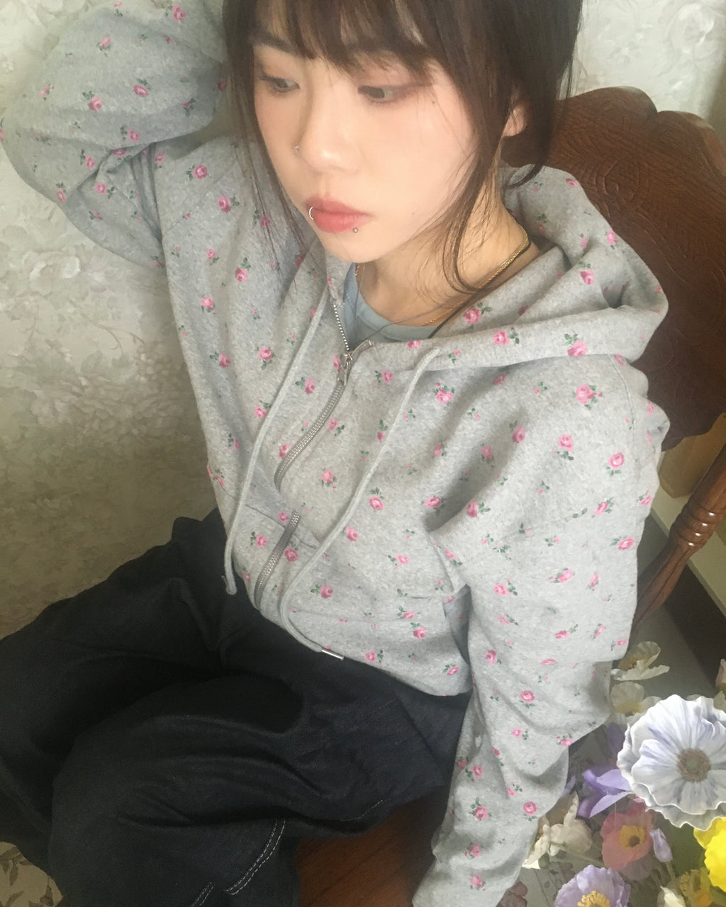flower zip-up hoodie