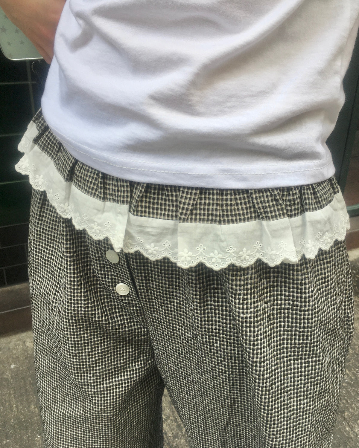 lace checked belt pants (black)