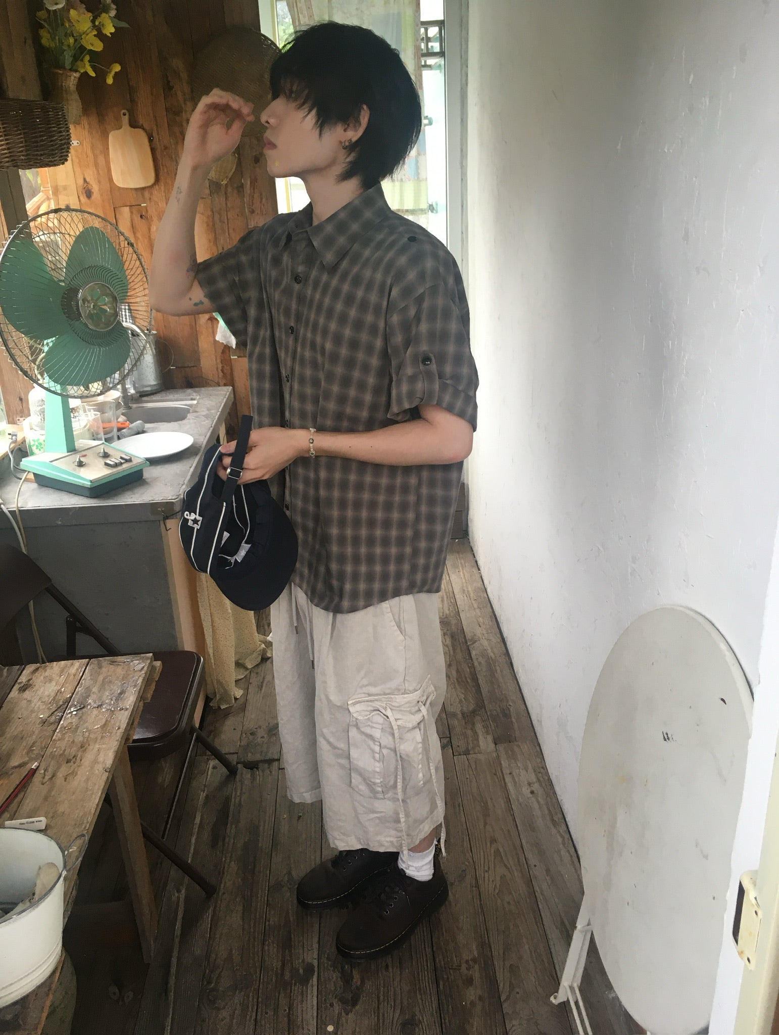 check linen shirt (charcoal)