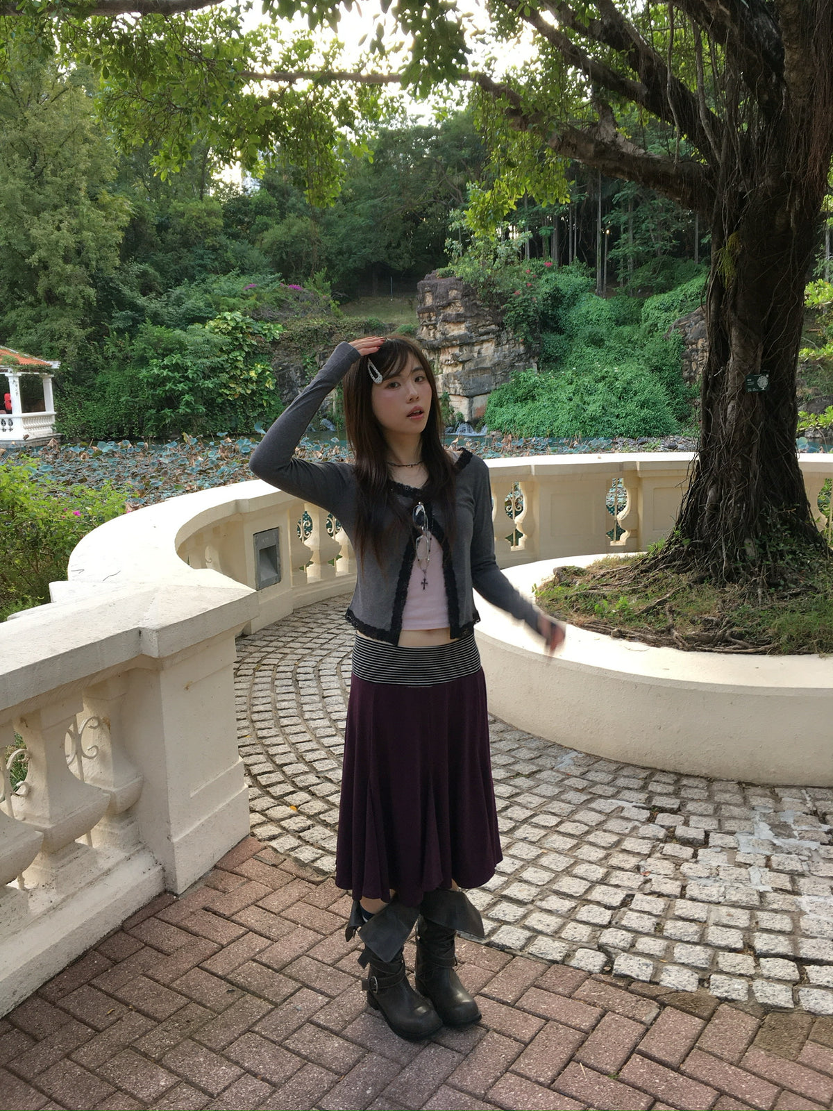 lace trim button cardigan (charcoal)