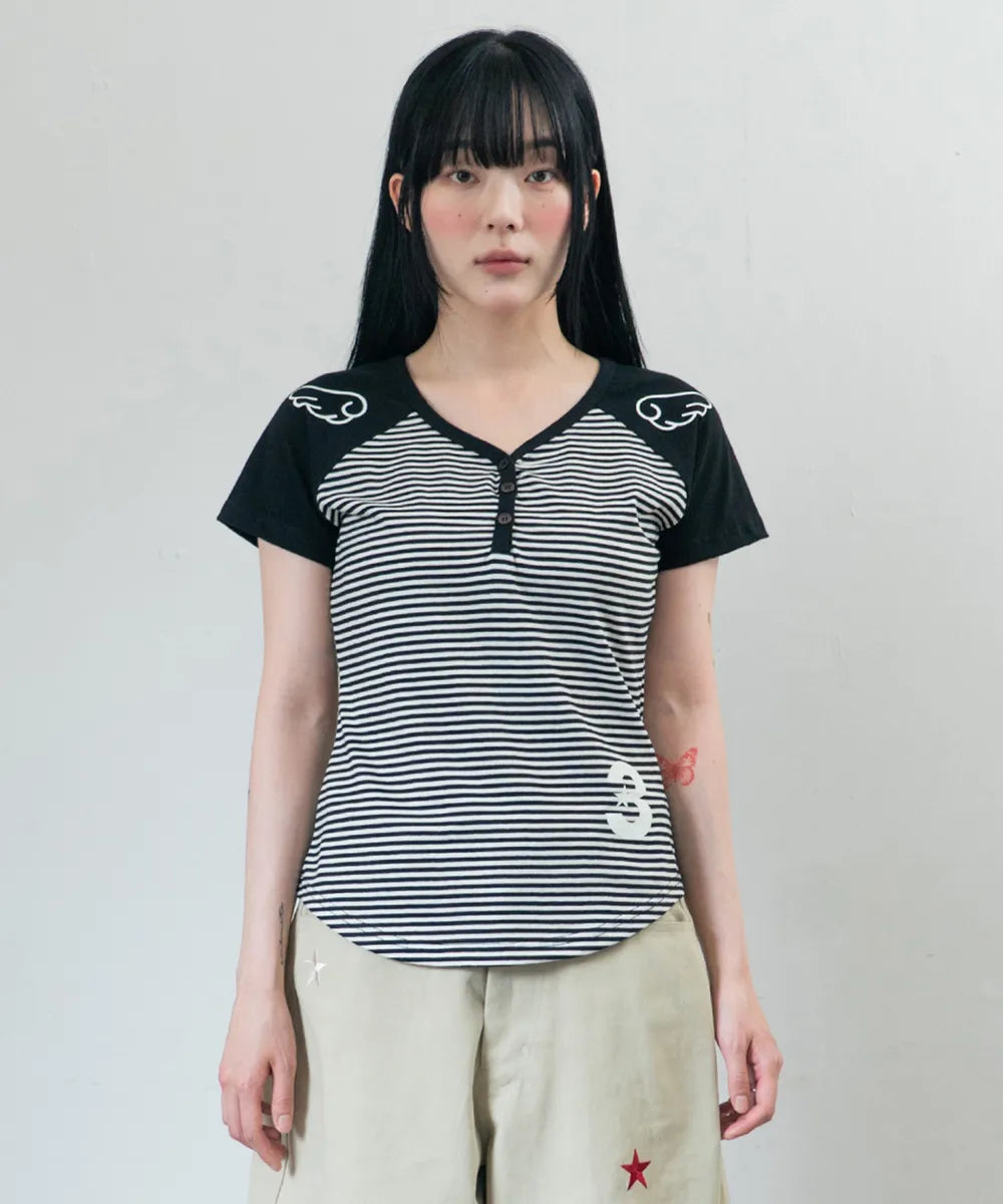 BAUF 3 BUTTON ANGEL SLIM FIT T-SHIRT (STRIPE BLACK)