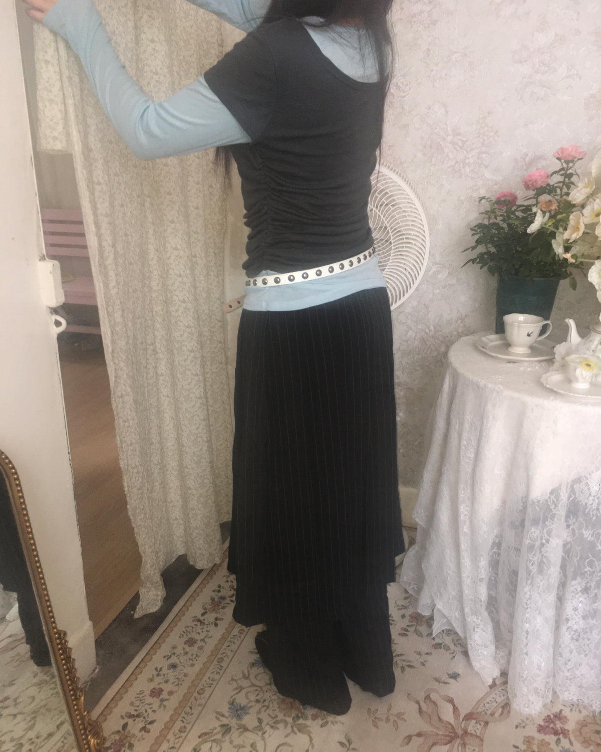 skirt stripe layered pants (black)