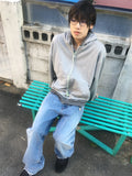 stripe trim hoodie zip up (grey)