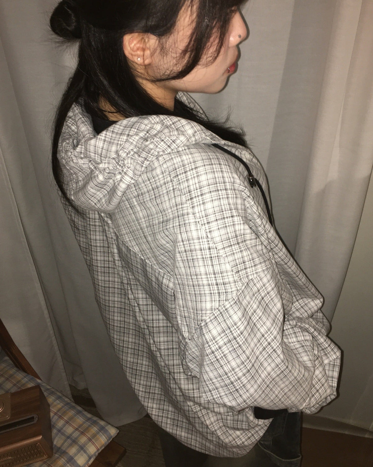string checked hoodie shirt