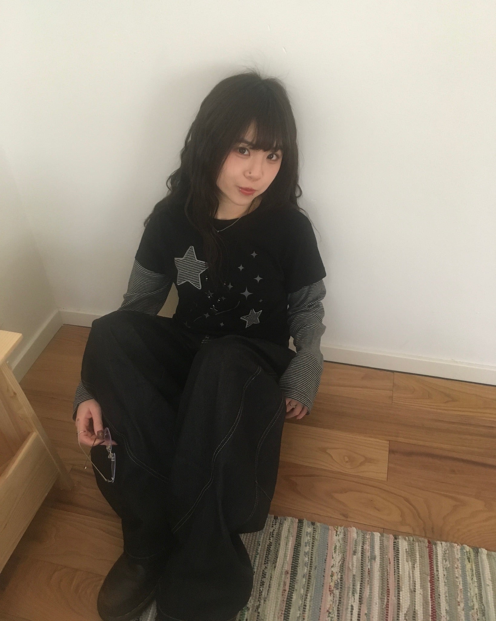 (★BEST) star stripe layered tee (black)