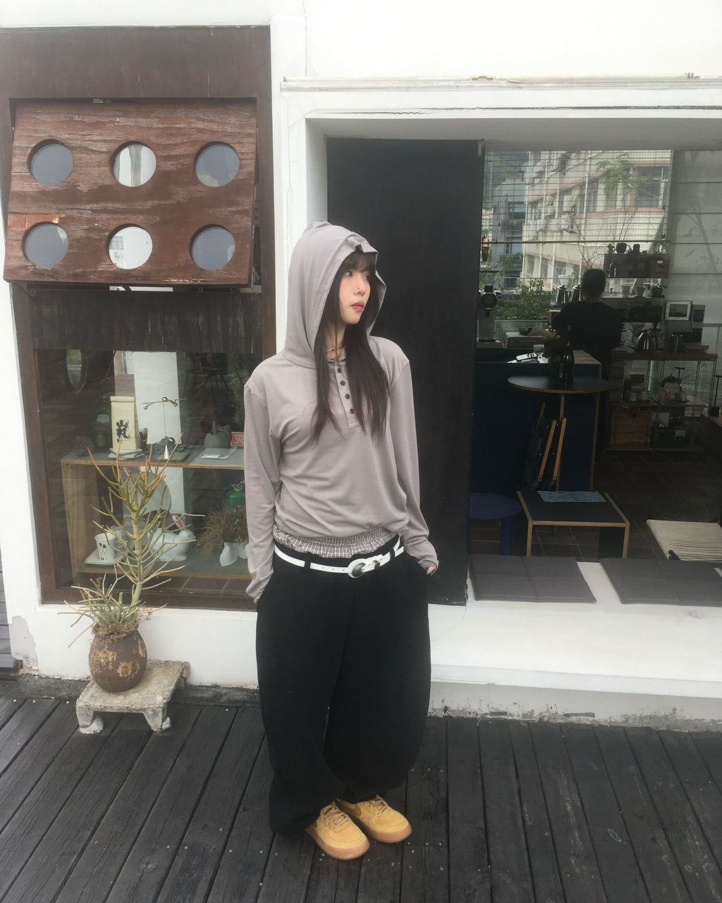 henley neck hooded shirt (ash brown)