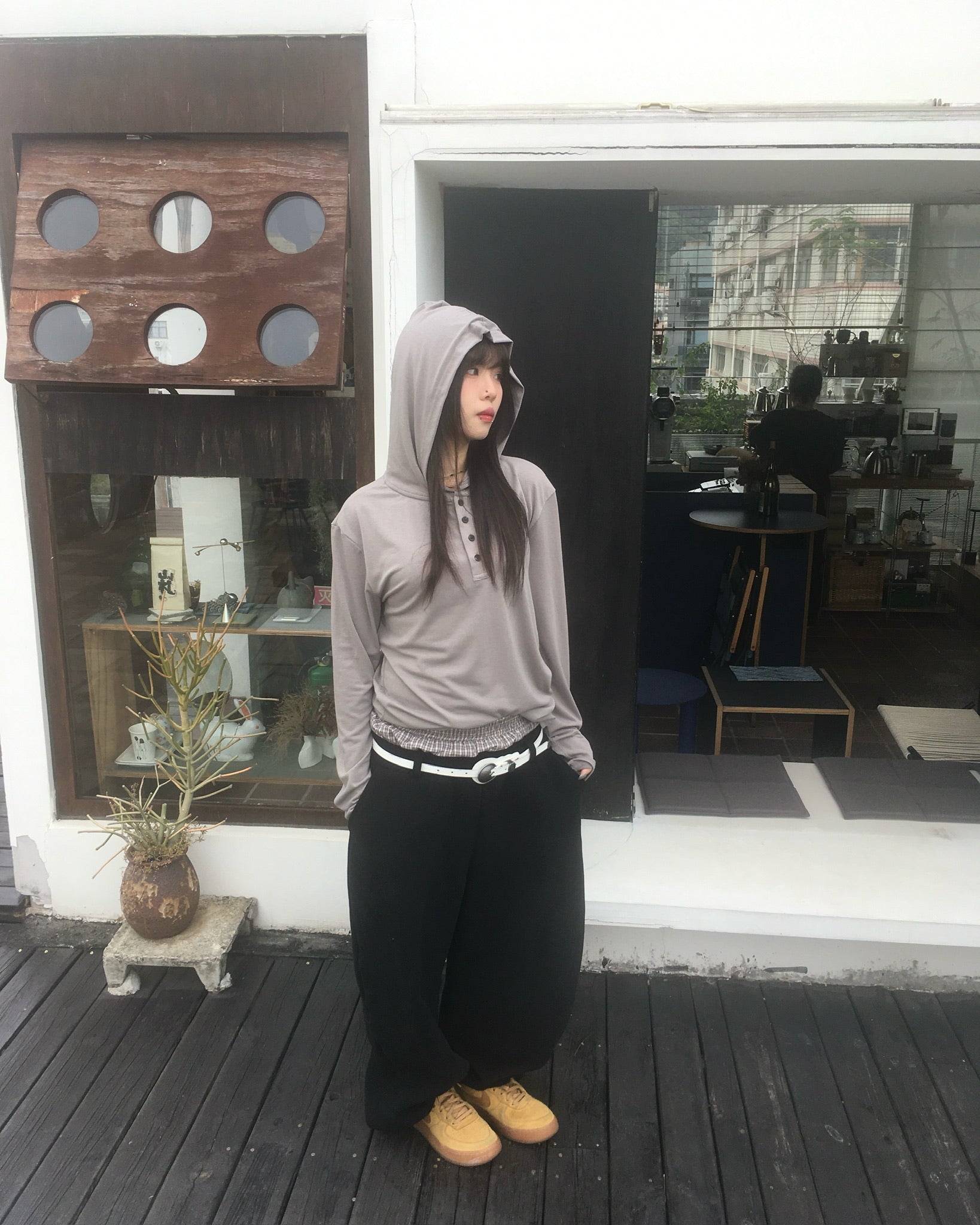 henley neck hooded shirt (ash brown)