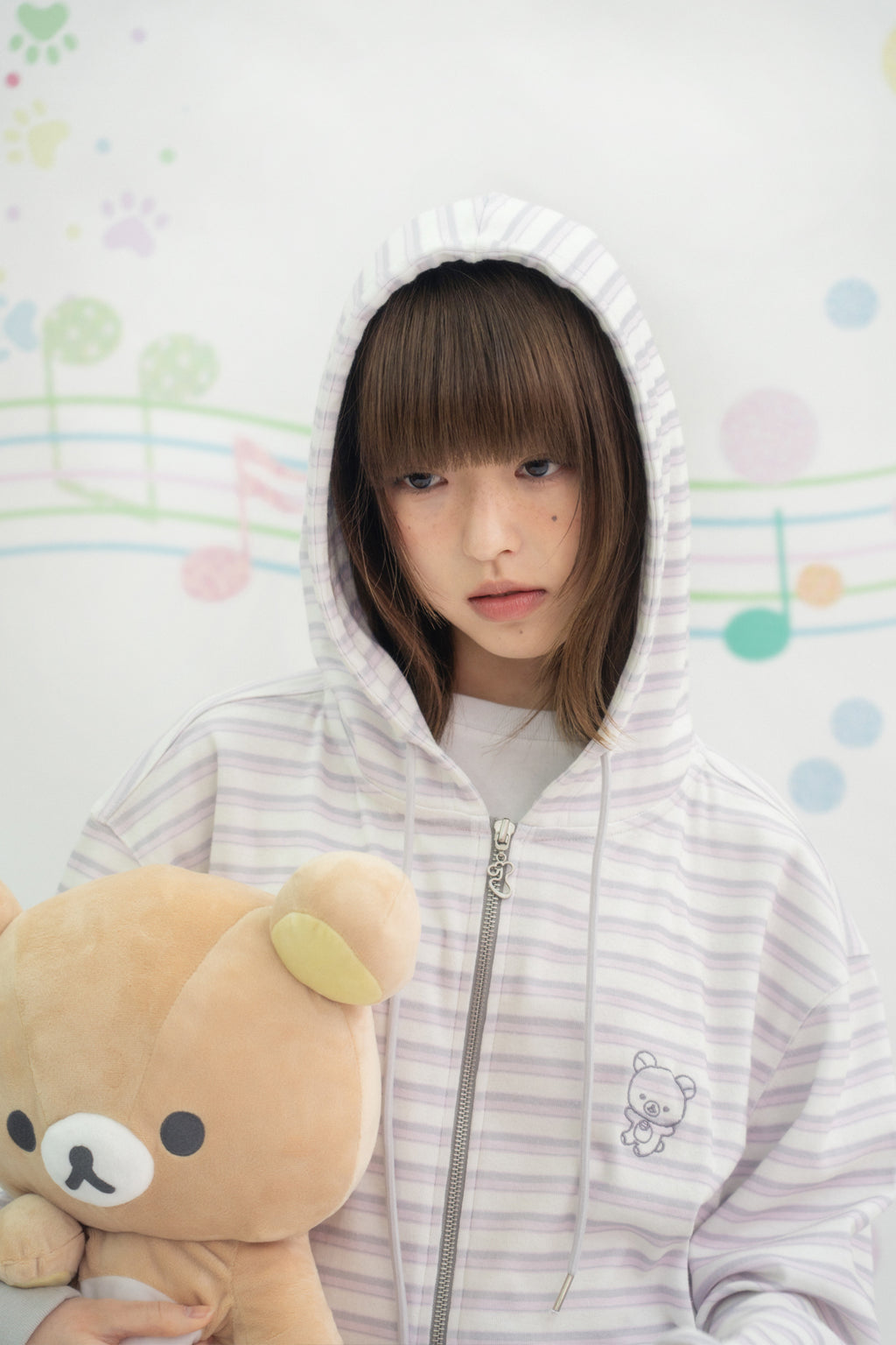 HUGYOURSKIN STRIPE KORILAKKUMA HOODIE ZIP-UP (PINK)