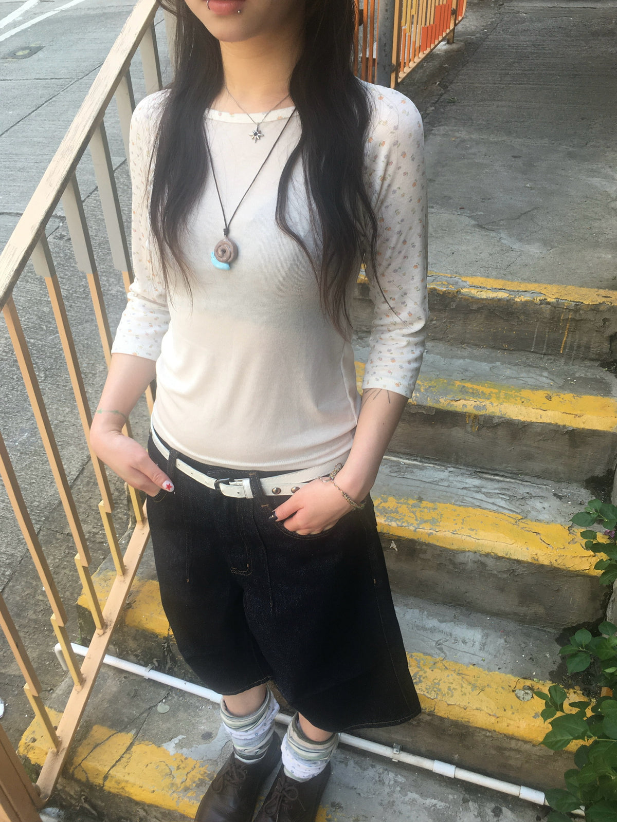 flower raglan 7 sleeve tee (cream)
