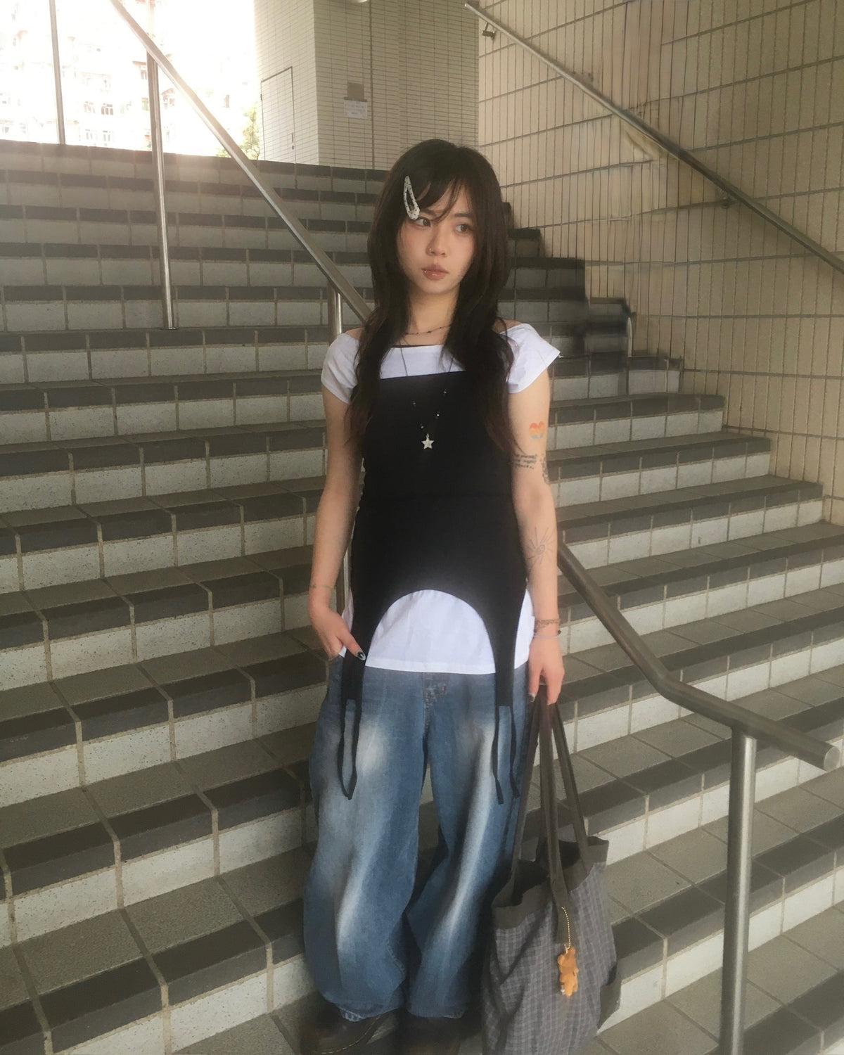(★best) two-piece layered tee (black/white)