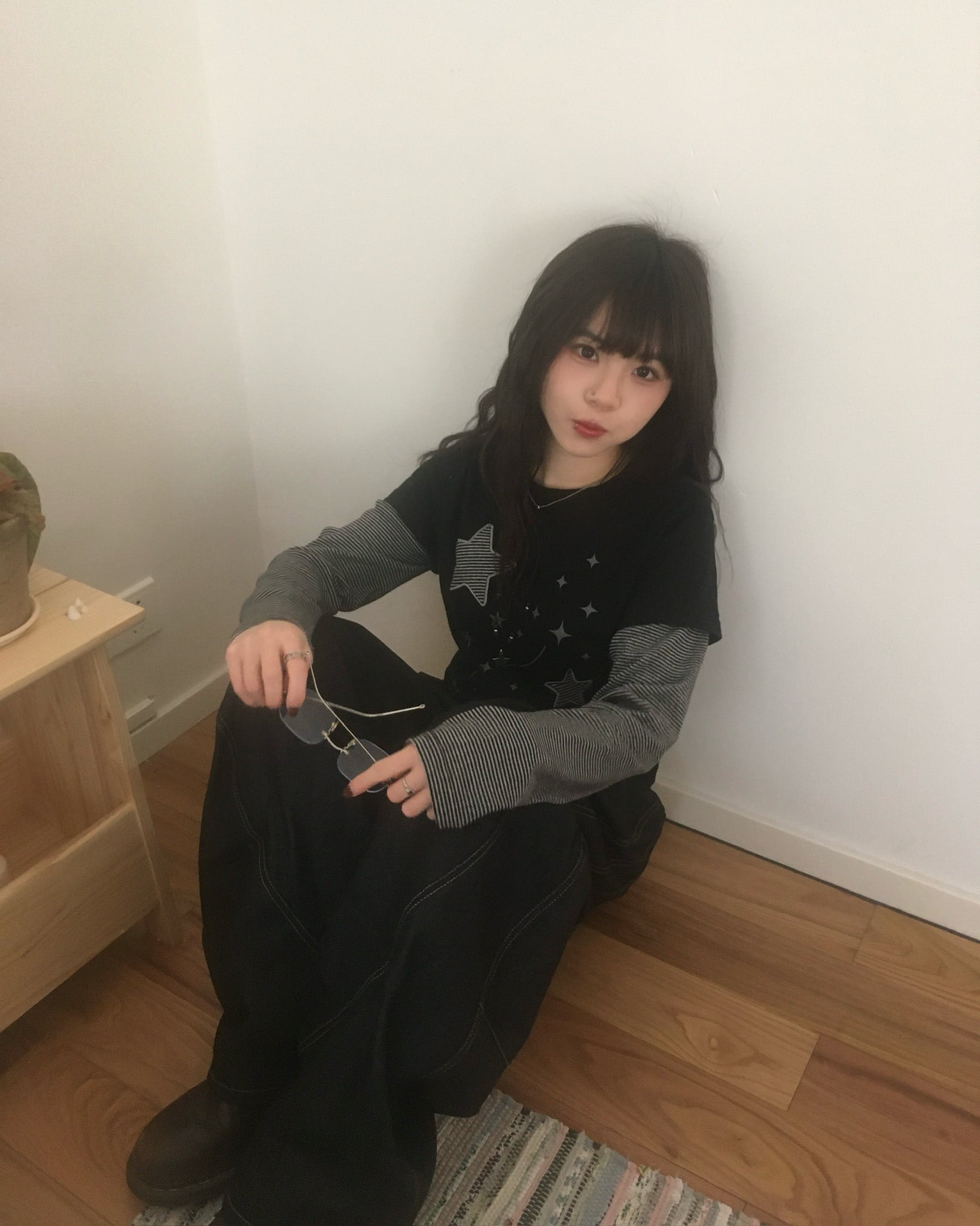 (★BEST) star stripe layered tee (black)