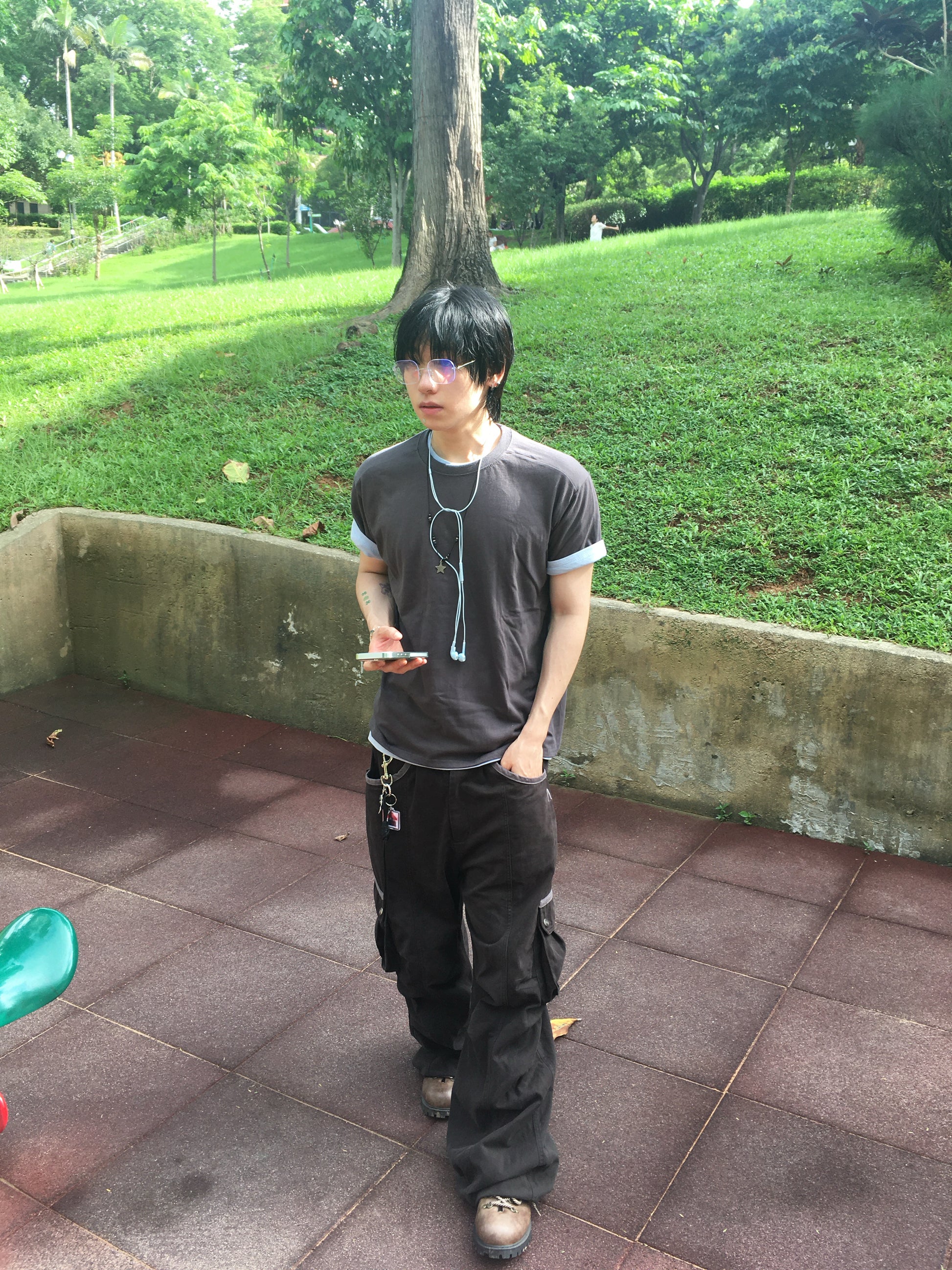 (★1+1) layered crop tee (charcoal+fade blue)