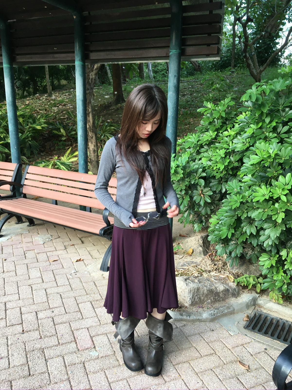 stripe waist flowy midi skirt (purple)