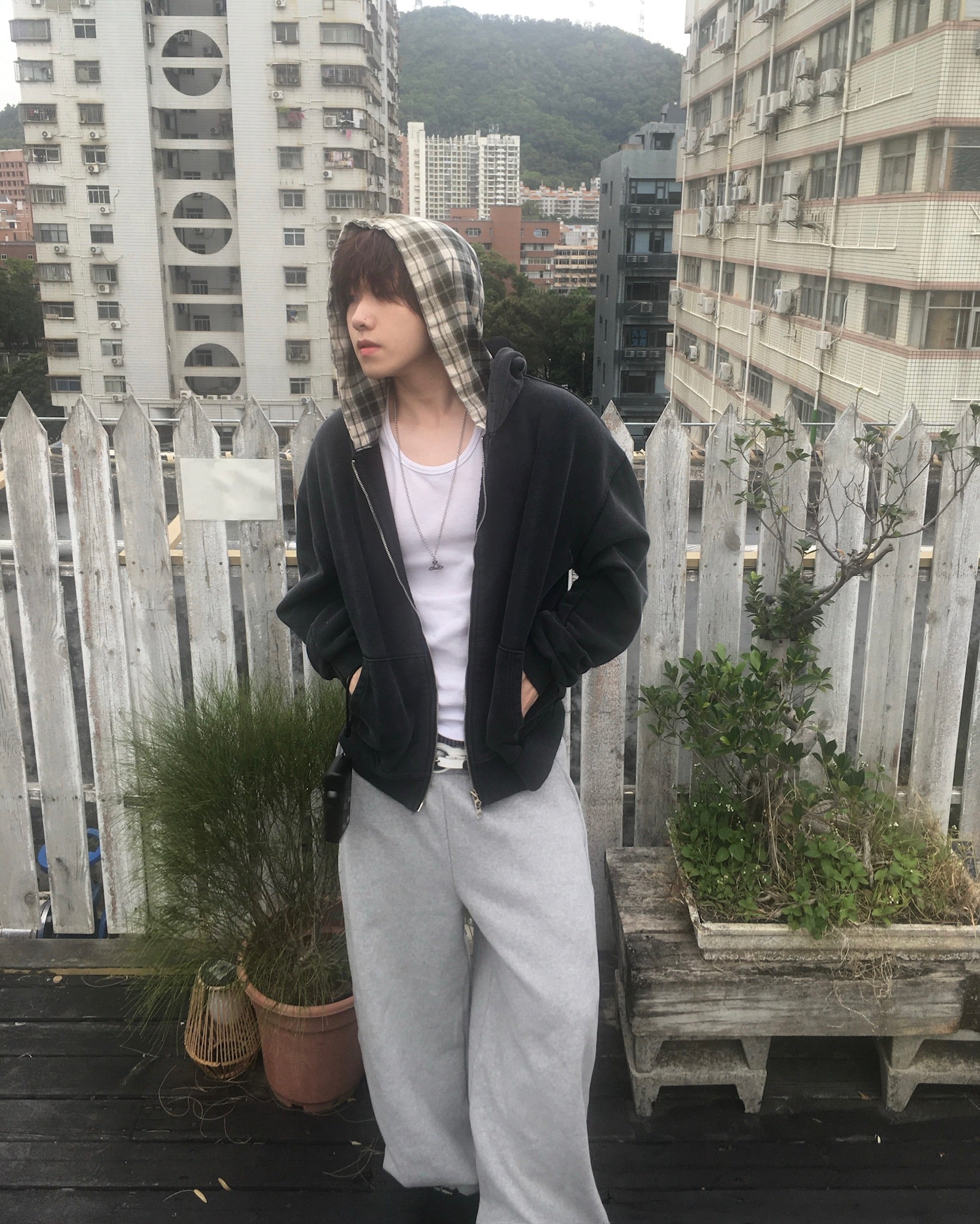 layered check zip-up hoodie