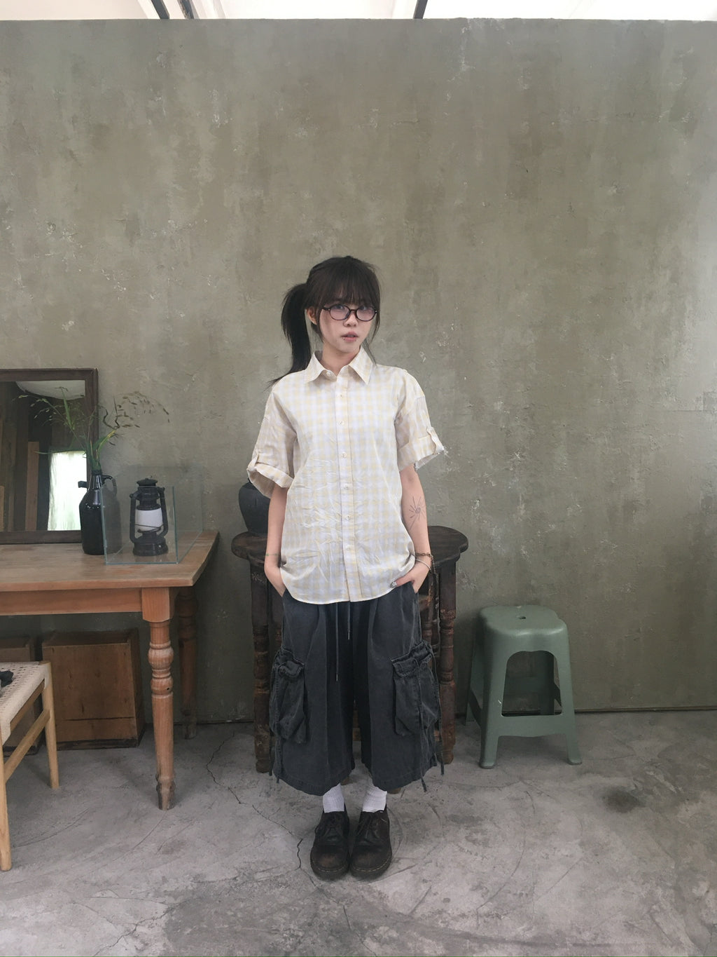 check linen shirt (yellow)