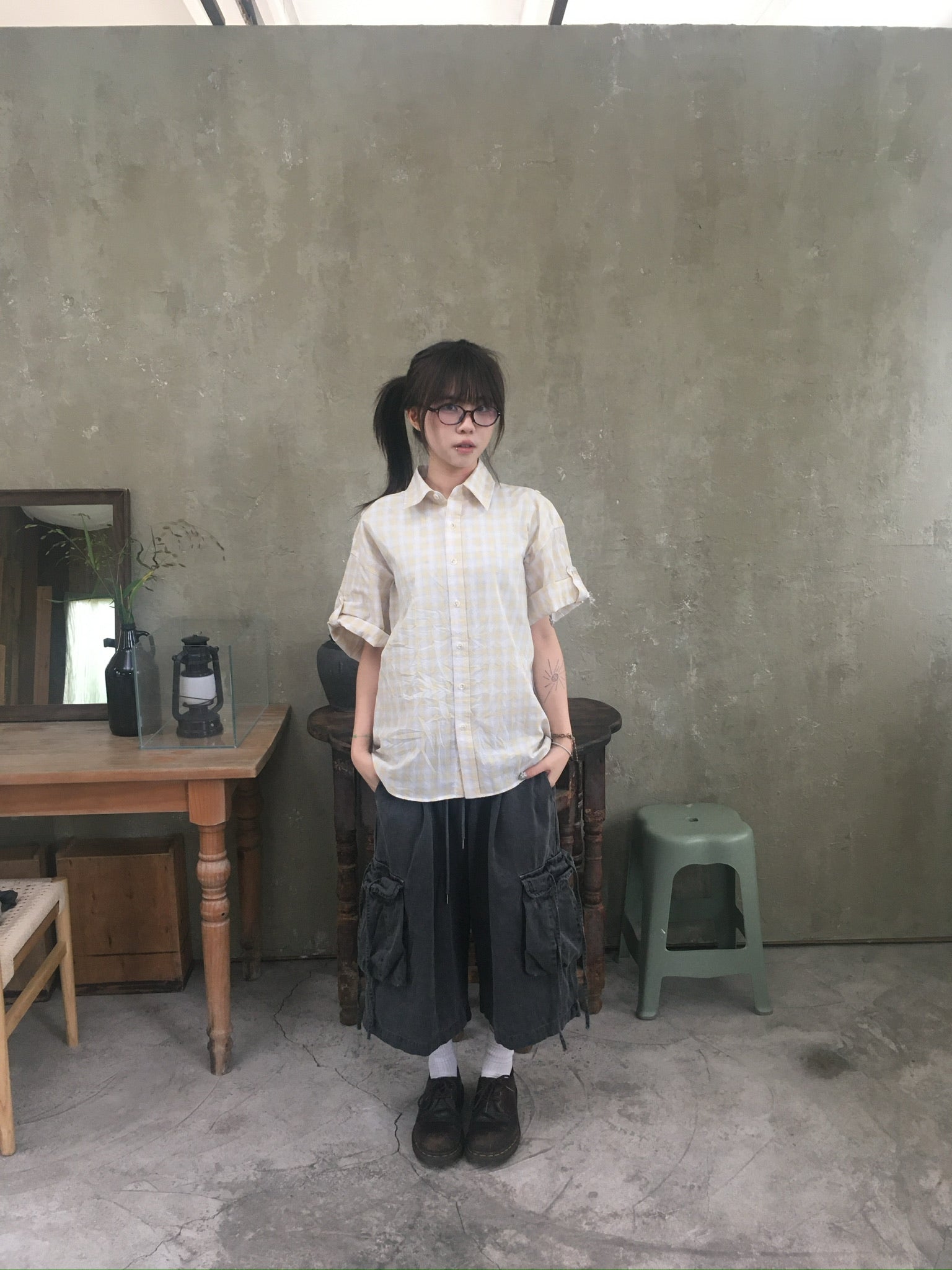 check linen shirt (yellow)