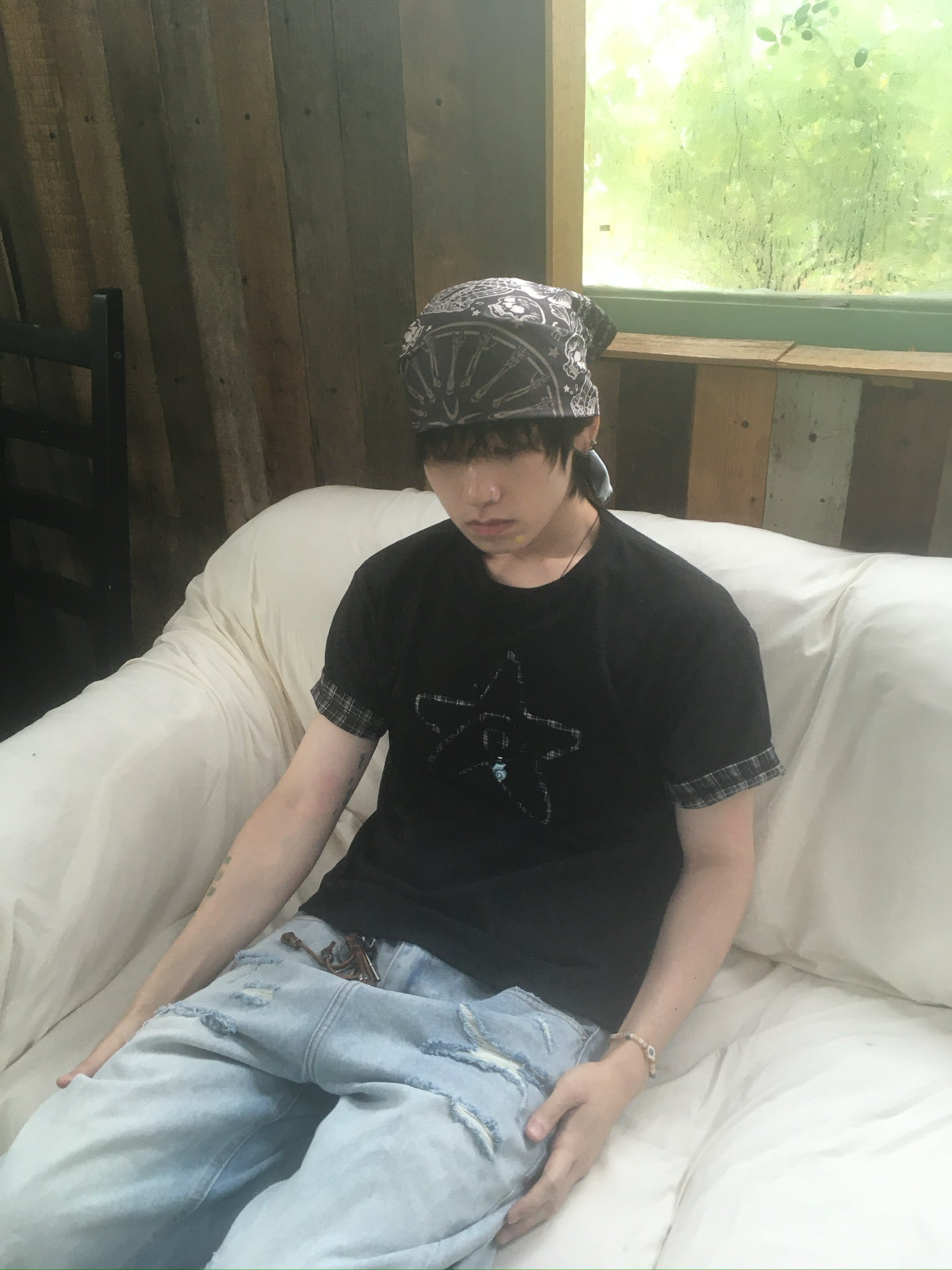 (★BEST) check star roll-up tee (black)