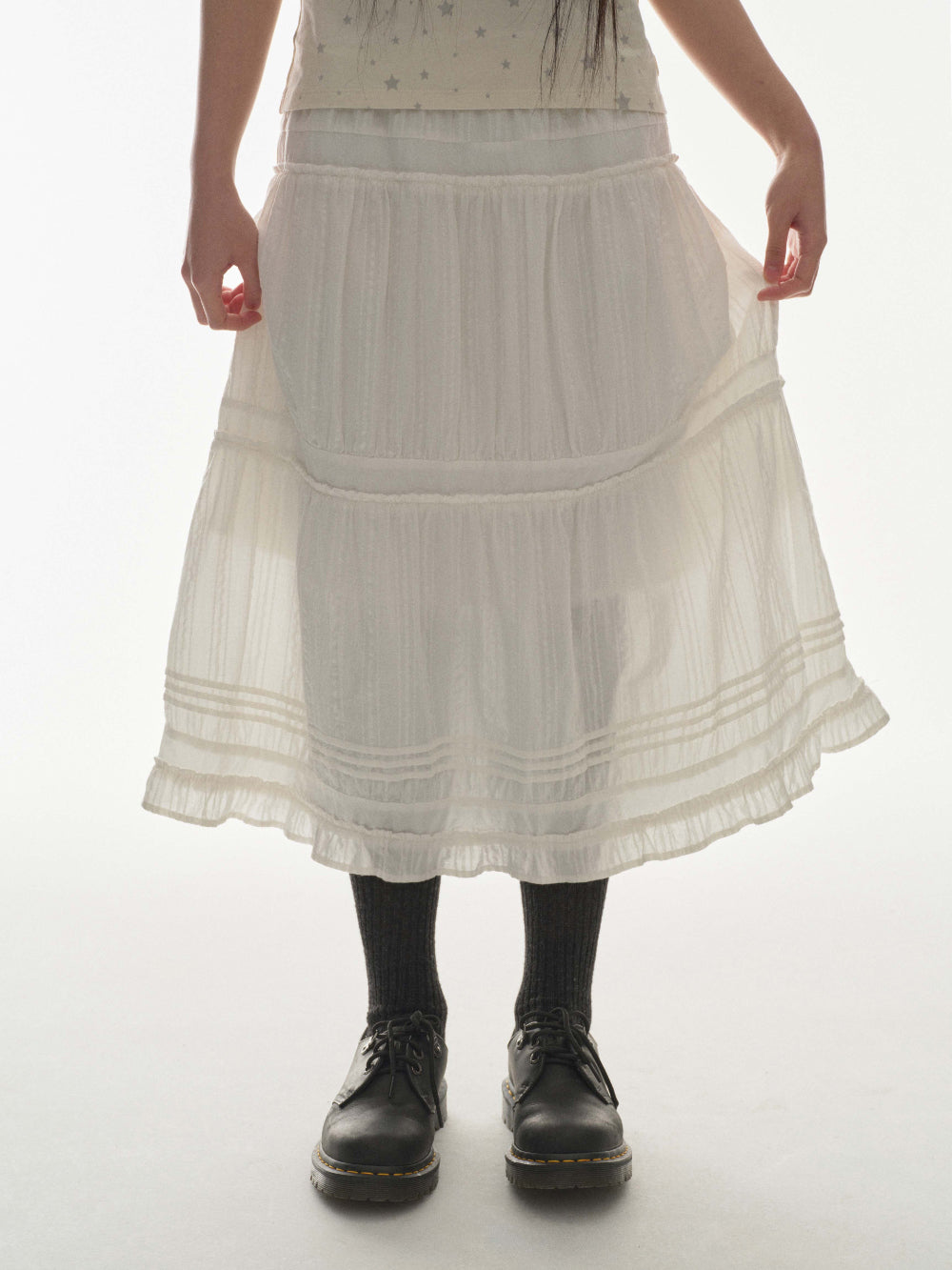 ✪【𝘱𝘳𝘦-𝘰𝘳𝘥𝘦𝘳】coyseio shirring midi skirt (white)