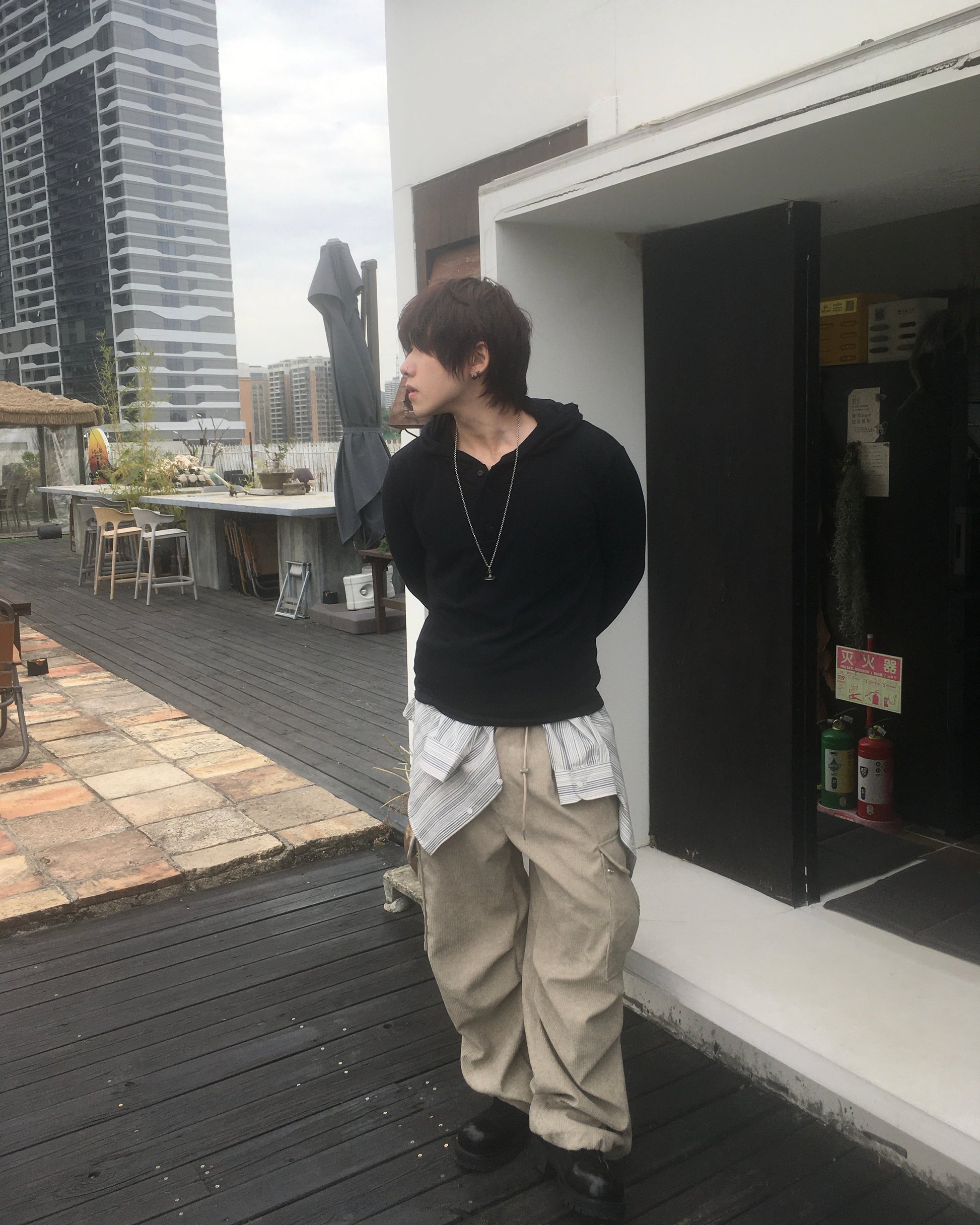 henley neck hooded shirt (black)