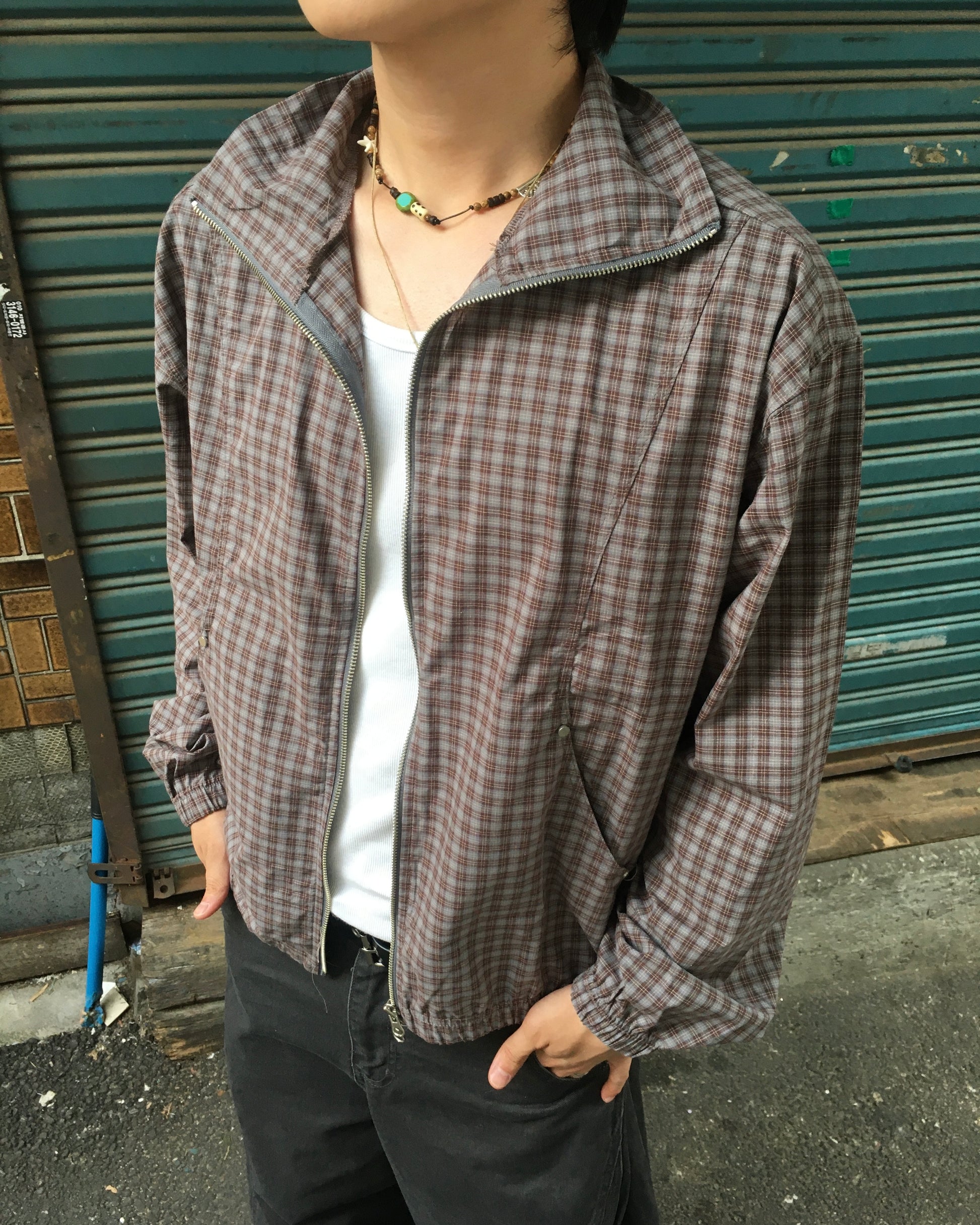 checked zipper jacket (sky/brown)