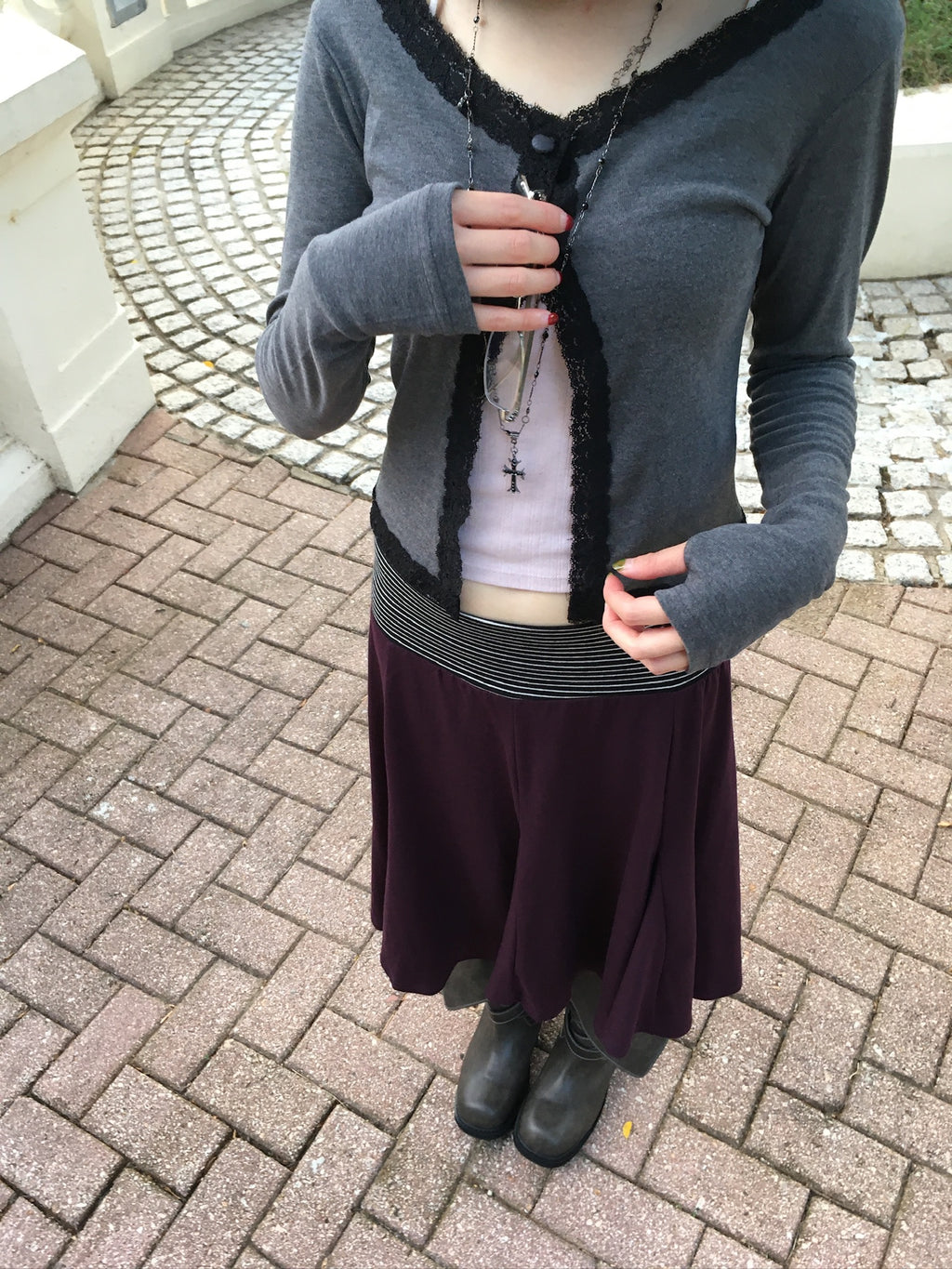 lace trim button cardigan (charcoal)