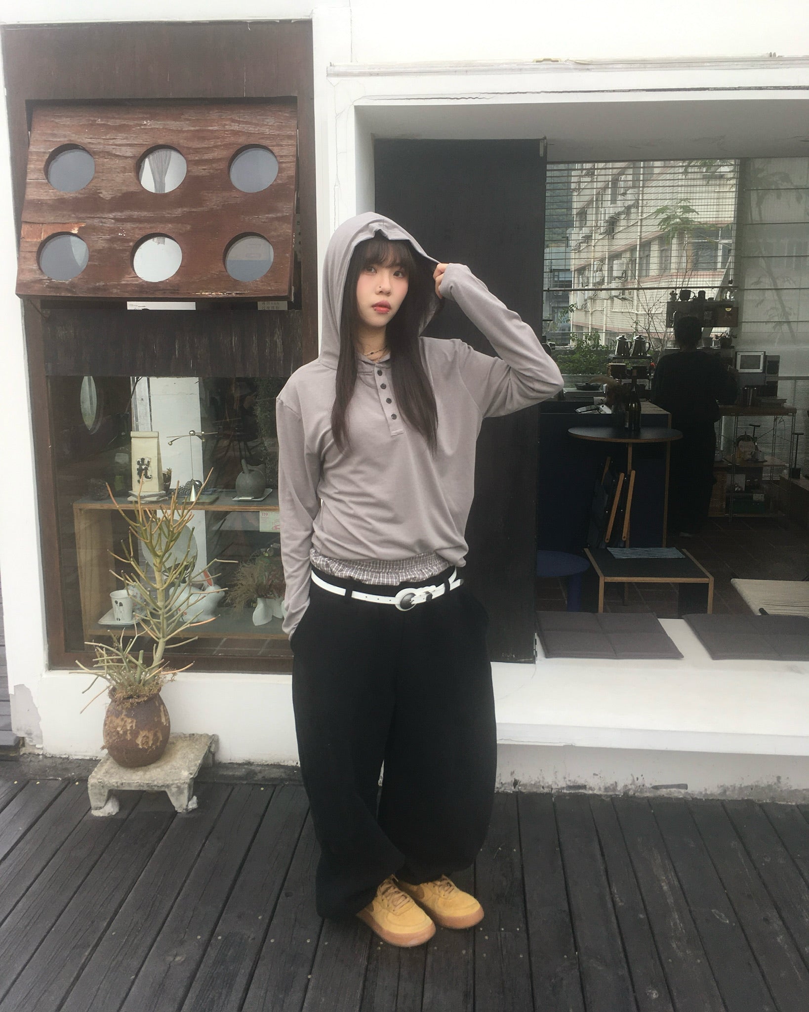 henley neck hooded shirt (ash brown)