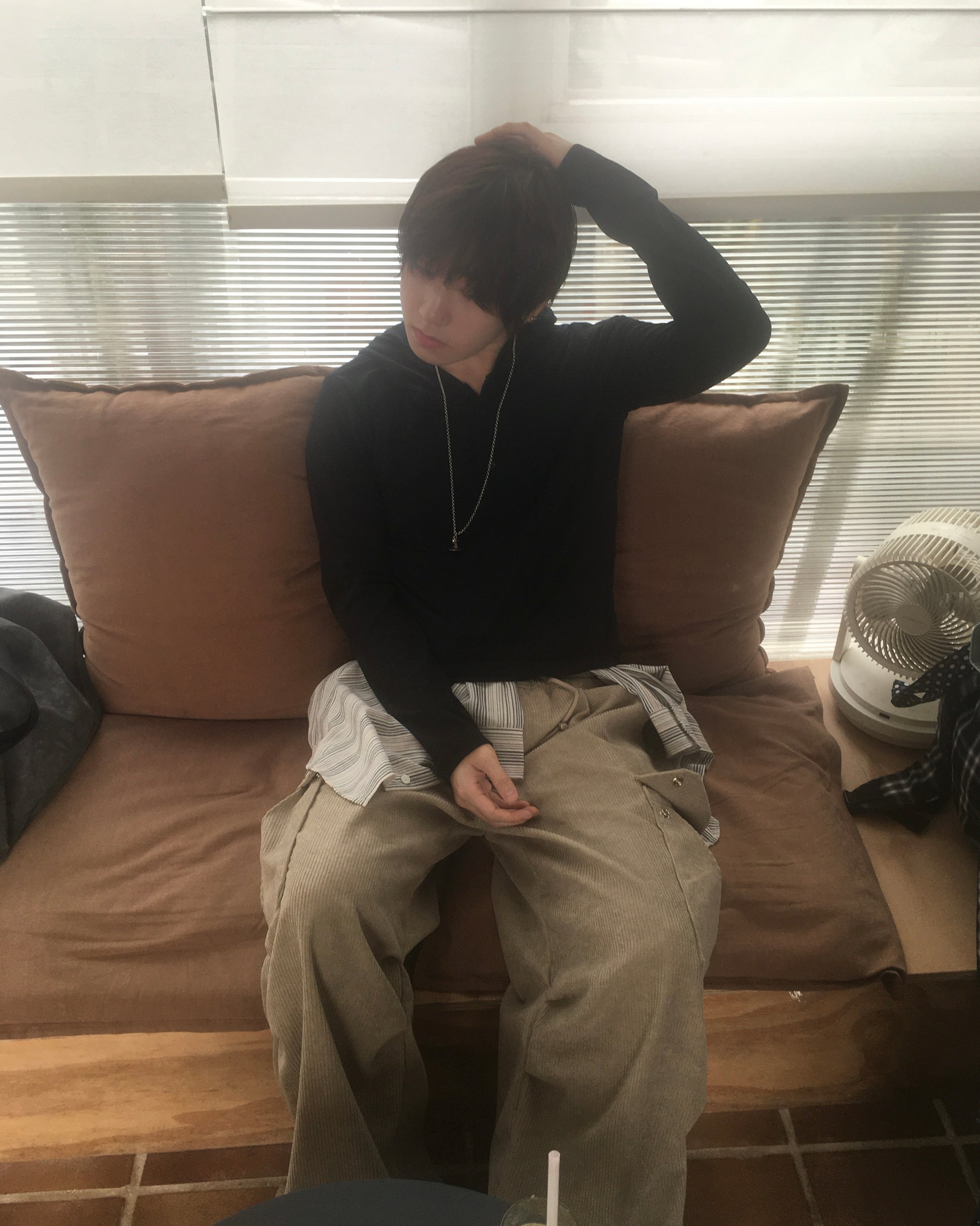 henley neck hooded shirt (black)