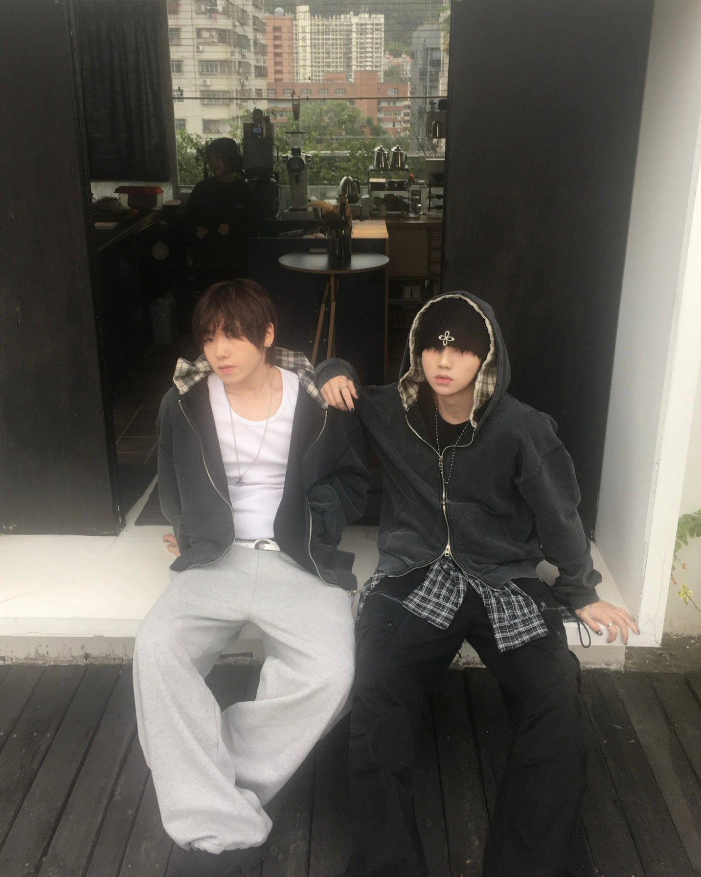 layered check zip-up hoodie