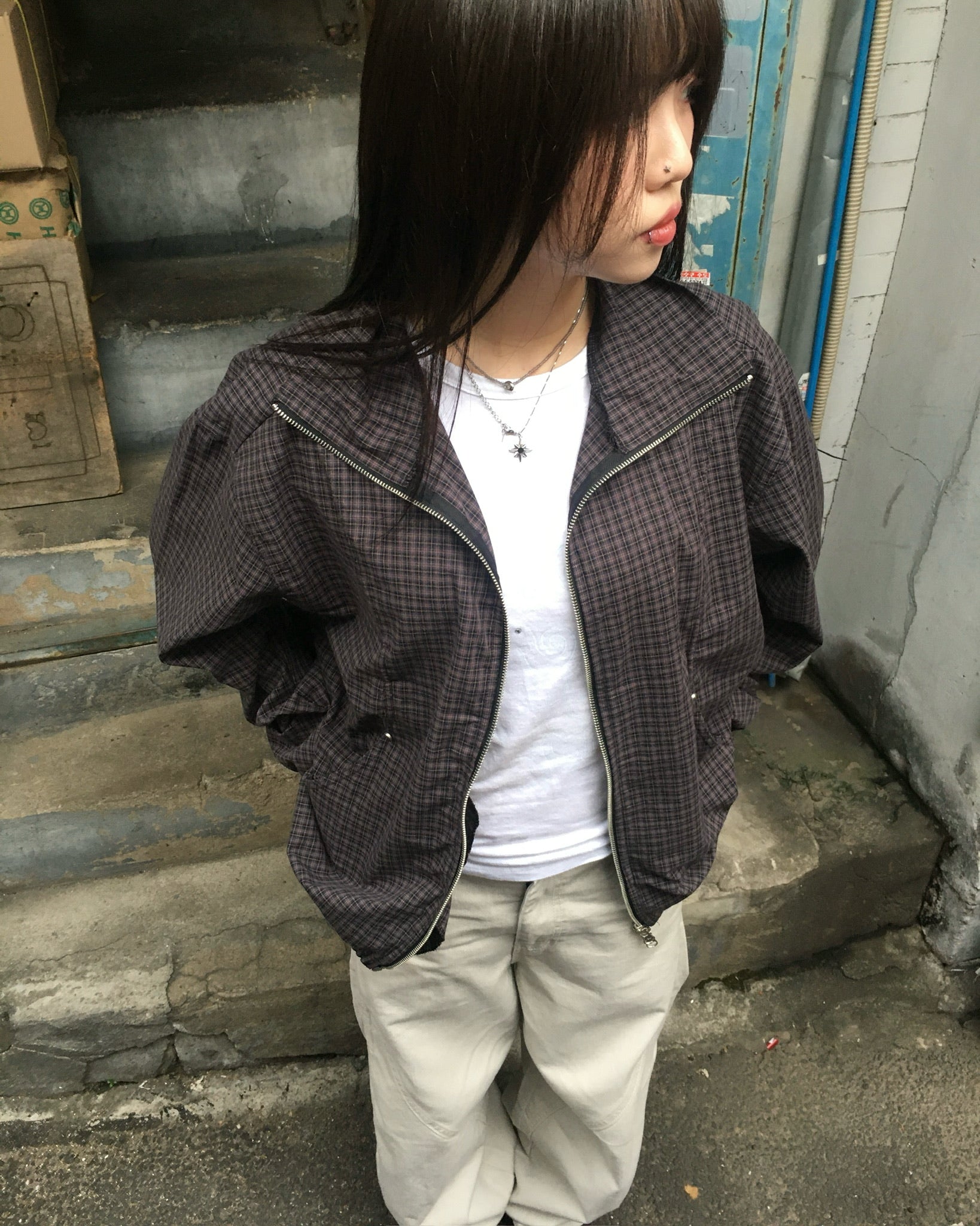 checked zipper jacket (black/navy)