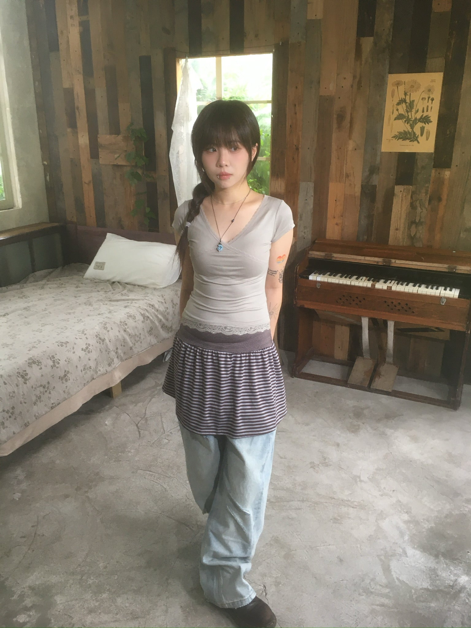 striped cotton skirt (brown)