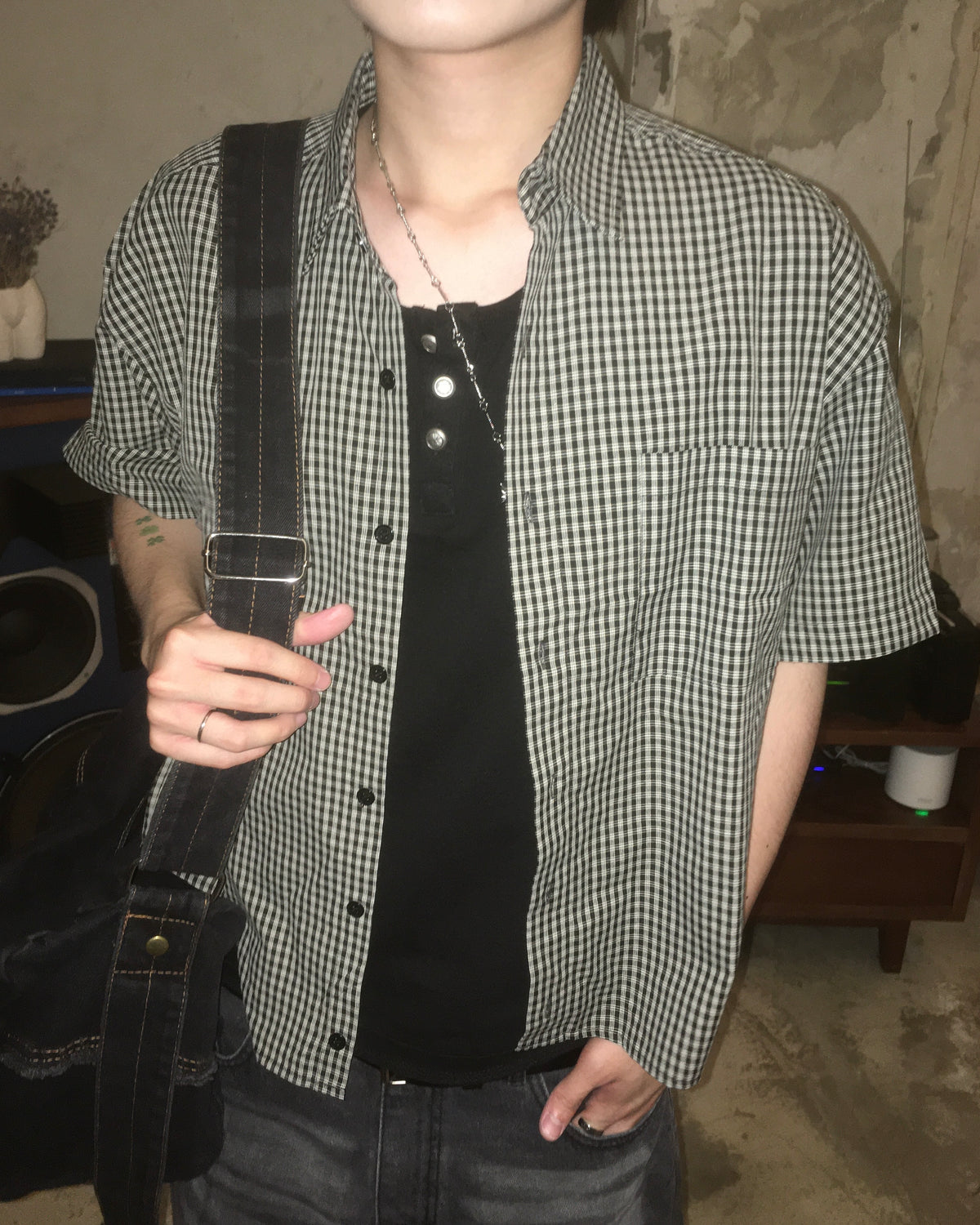 vintage crop checked shirt (black)