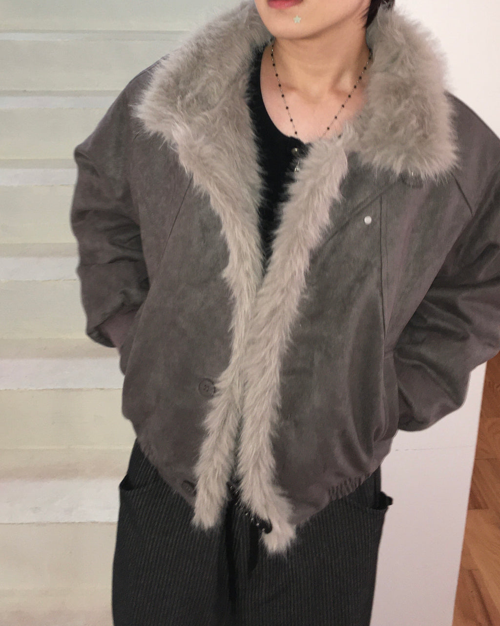 fur collar jacket (charcoal)