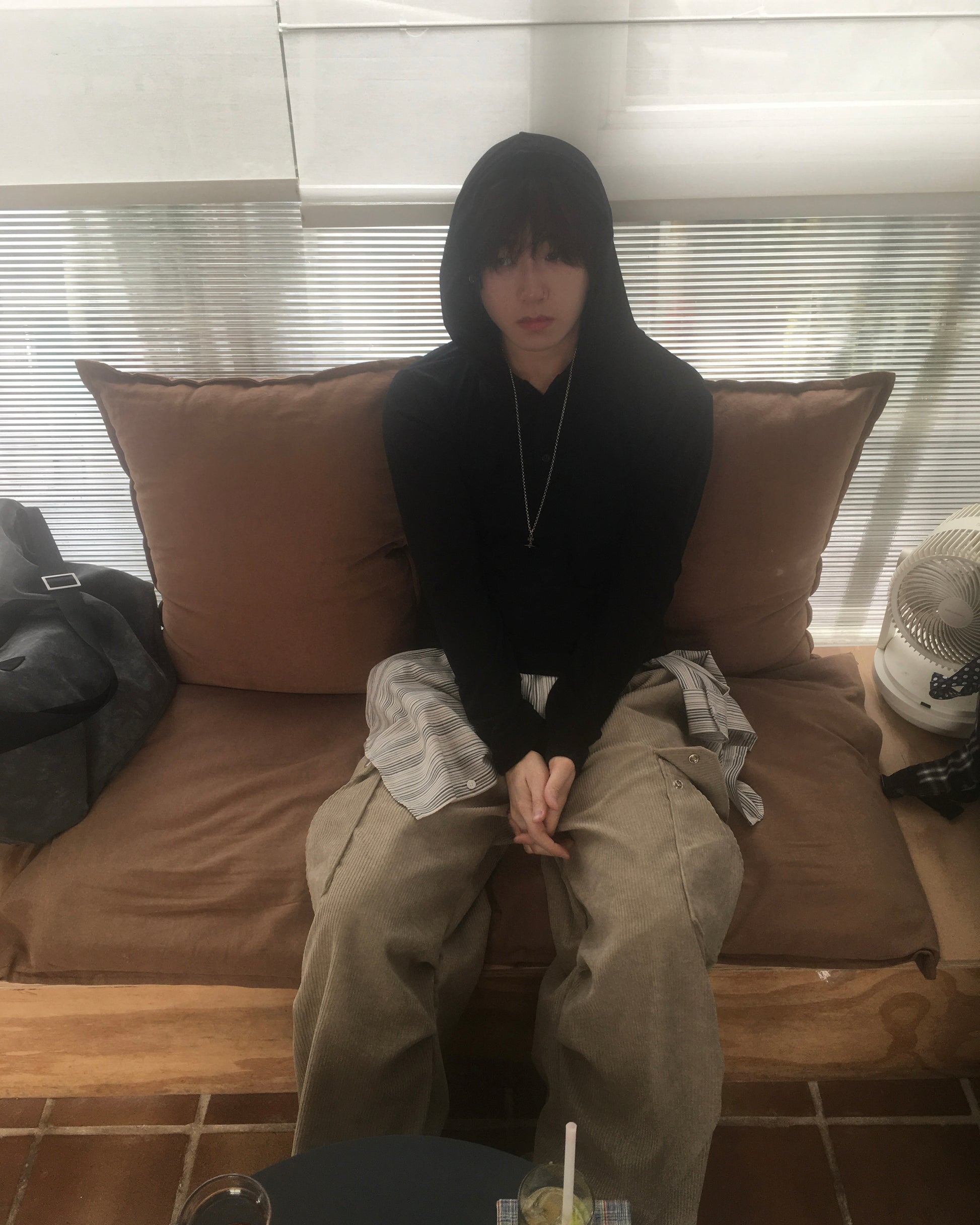 henley neck hooded shirt (black)