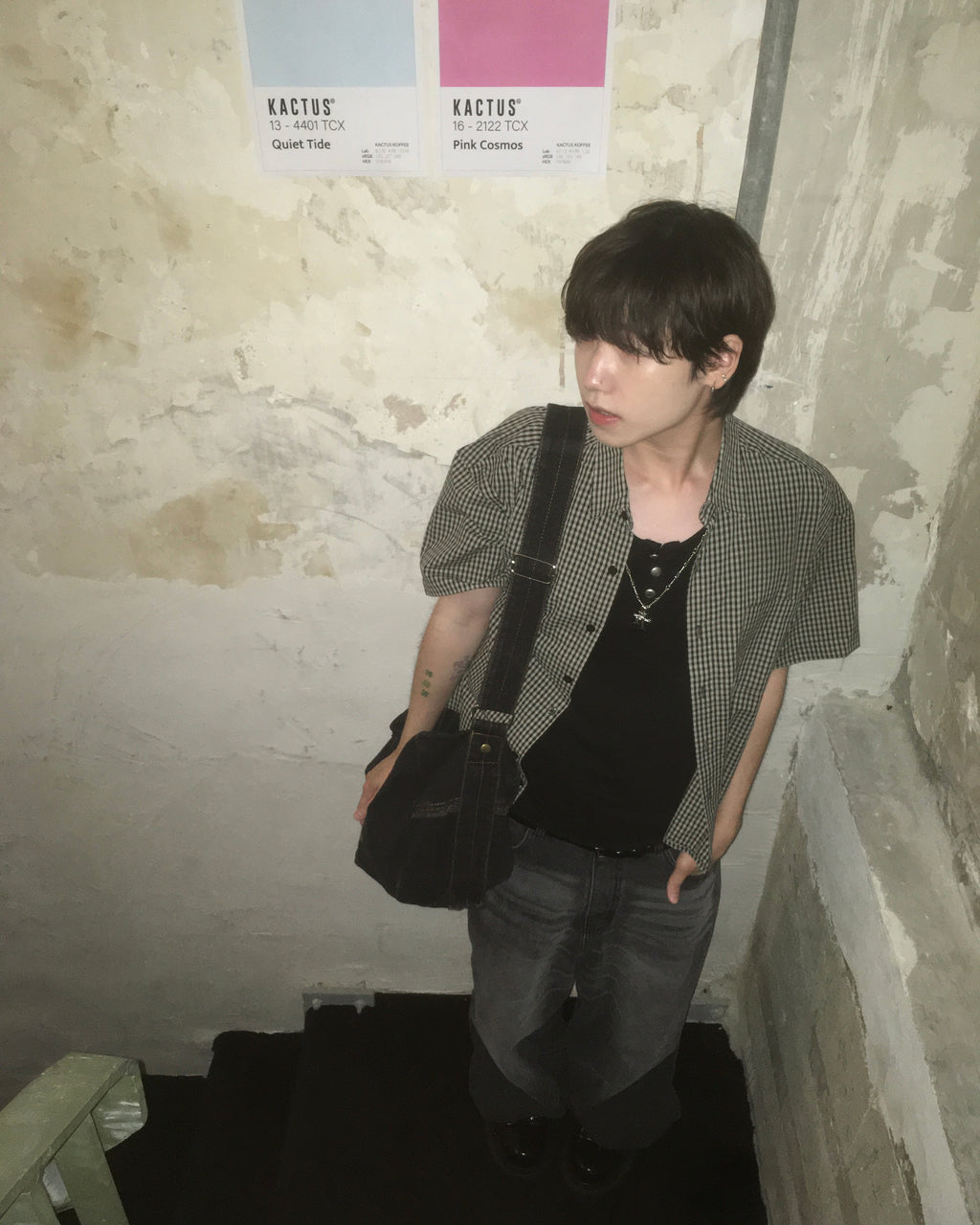 vintage crop checked shirt (black)