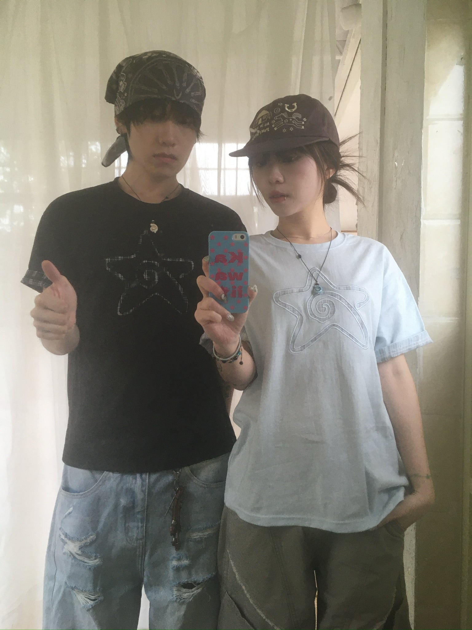 (★BEST) check star roll-up tee (black)