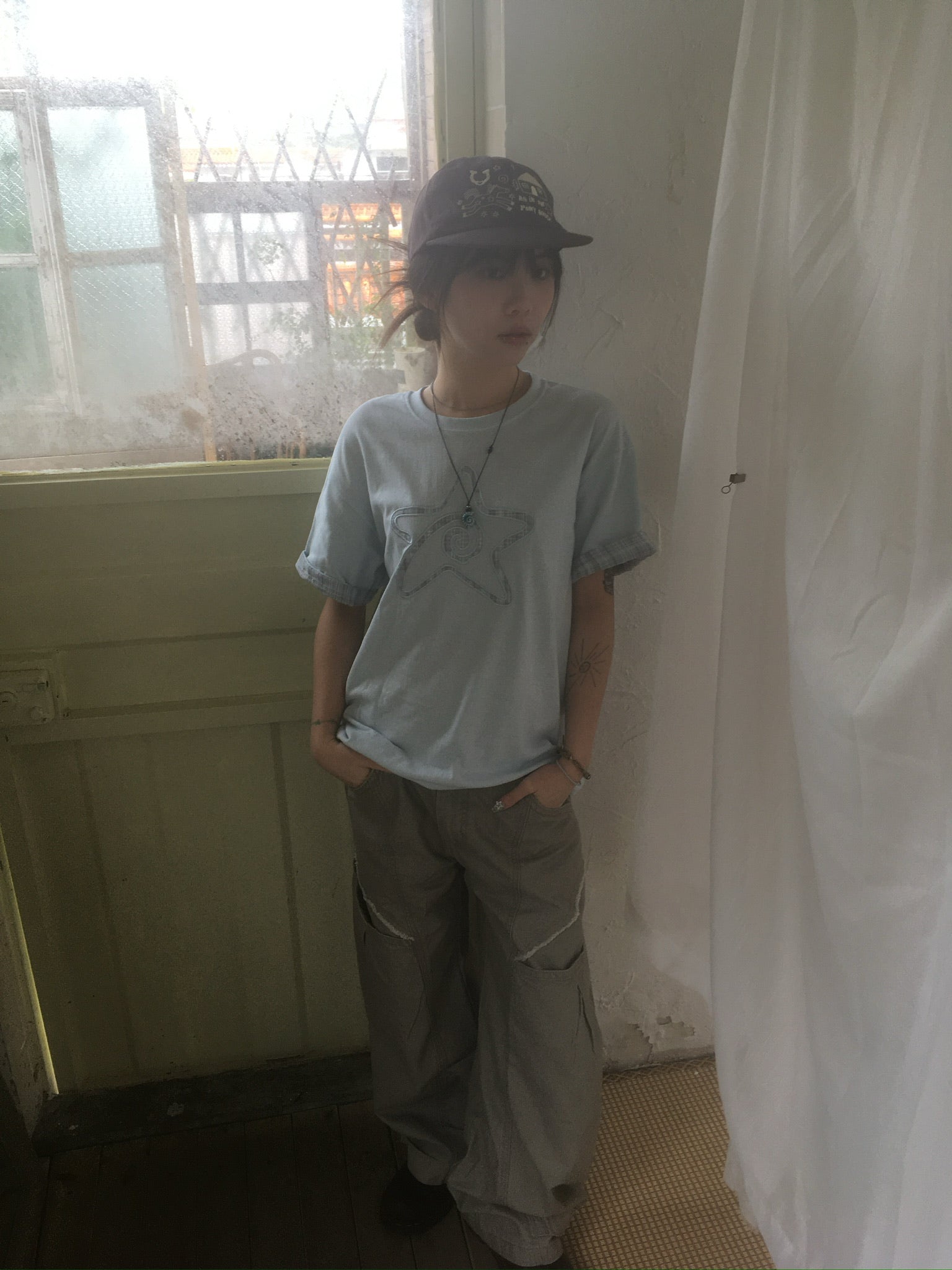 (★BEST) check star roll-up tee (sky blue)
