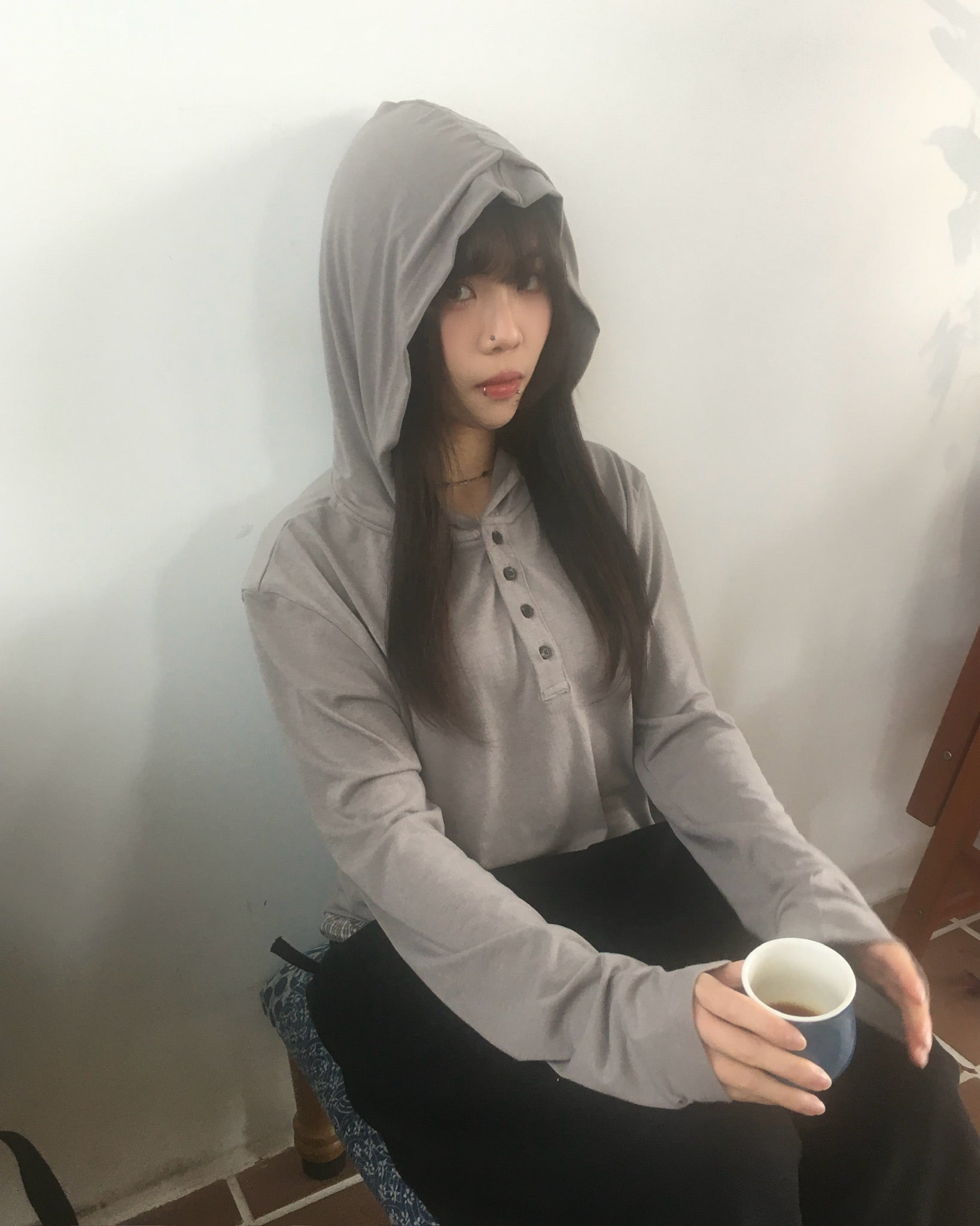 henley neck hooded shirt (ash brown)