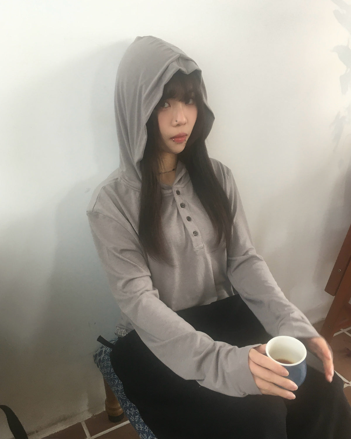 henley neck hooded shirt (ash brown)